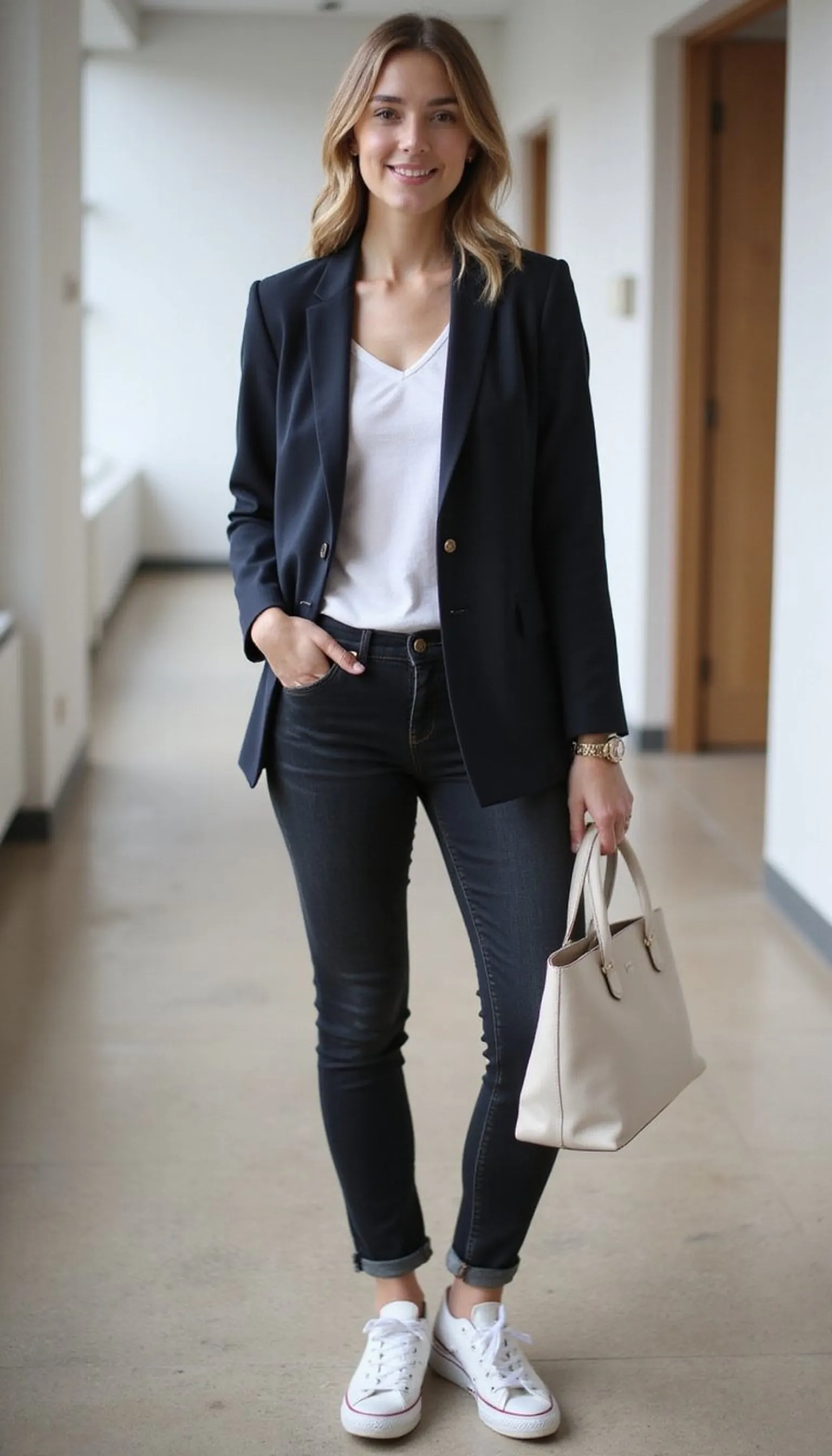Casual Friday: jeans, blazer, and sneakers