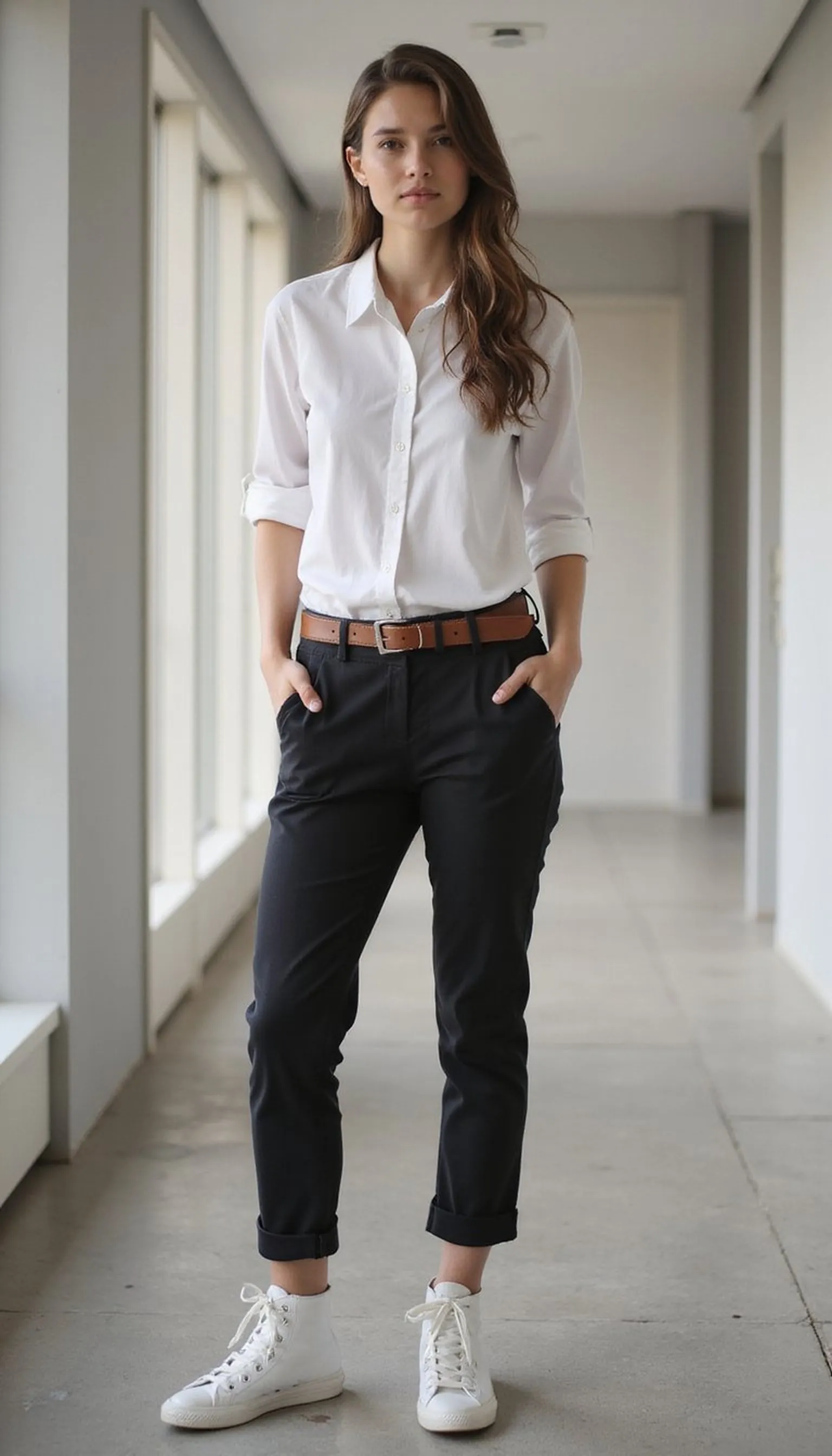 Cropped trousers and high-top canvas combo
