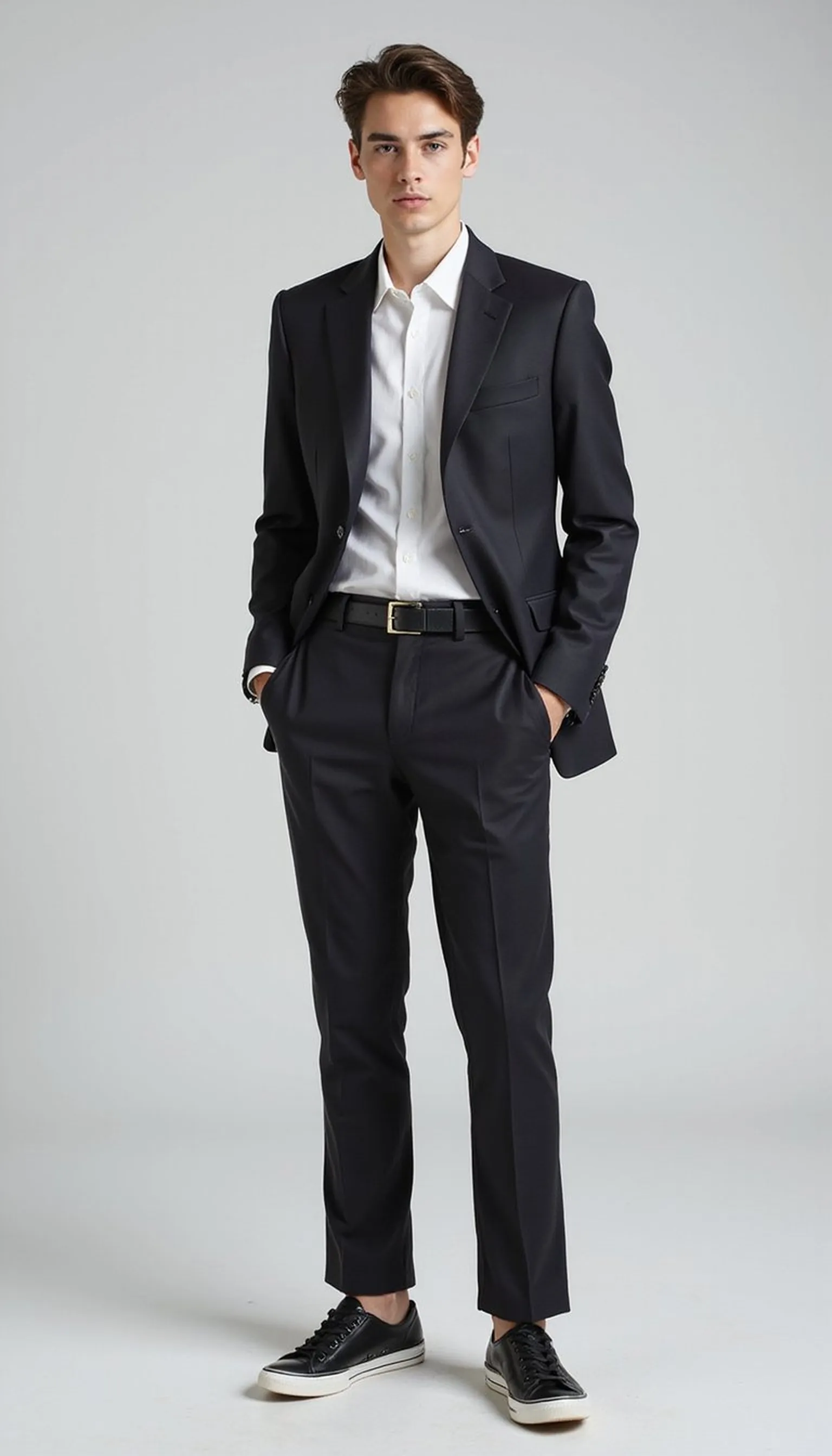 Monochrome tailored suit with low-top sneakers