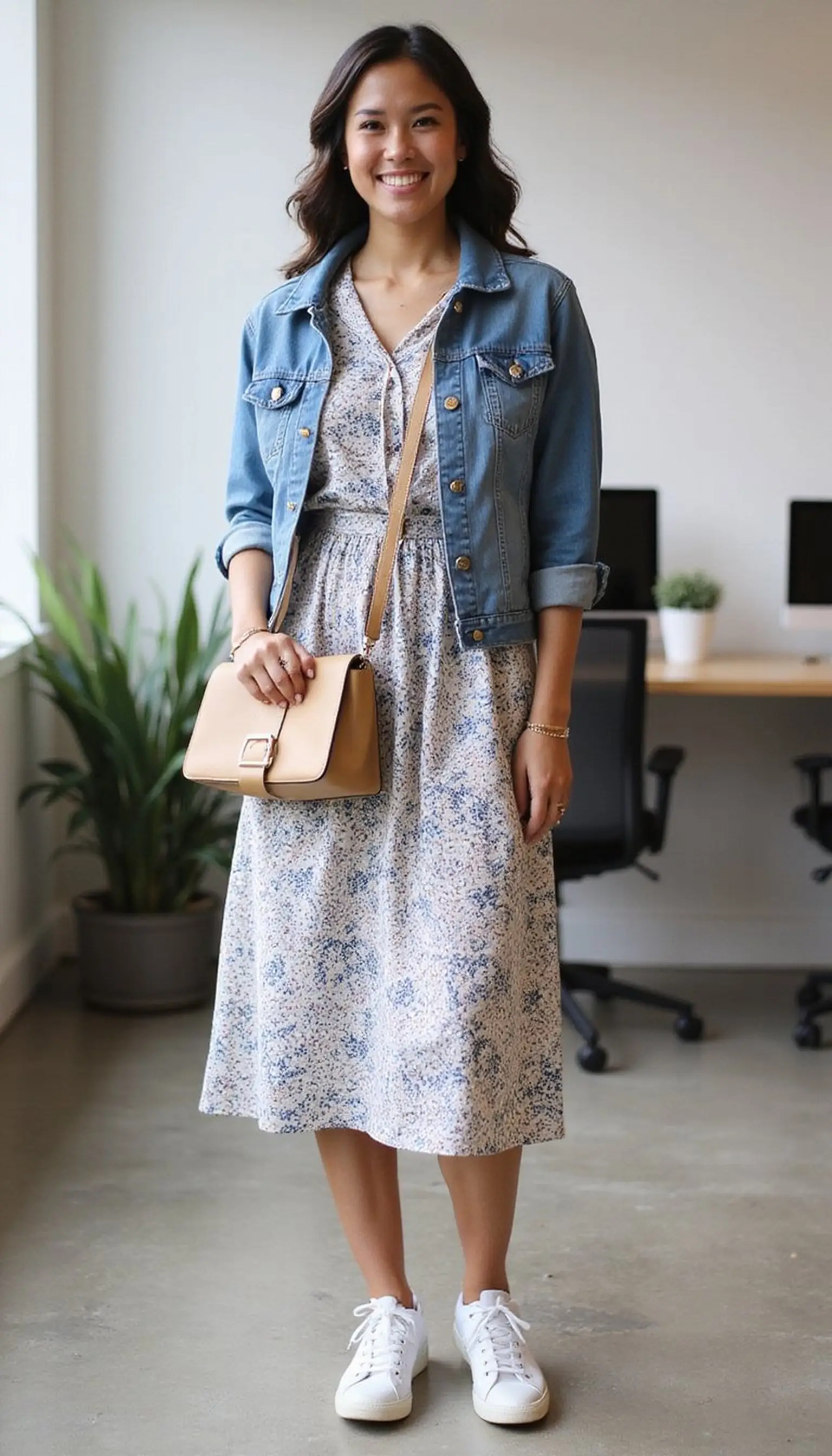 Printed midi dress and low-top sneakers