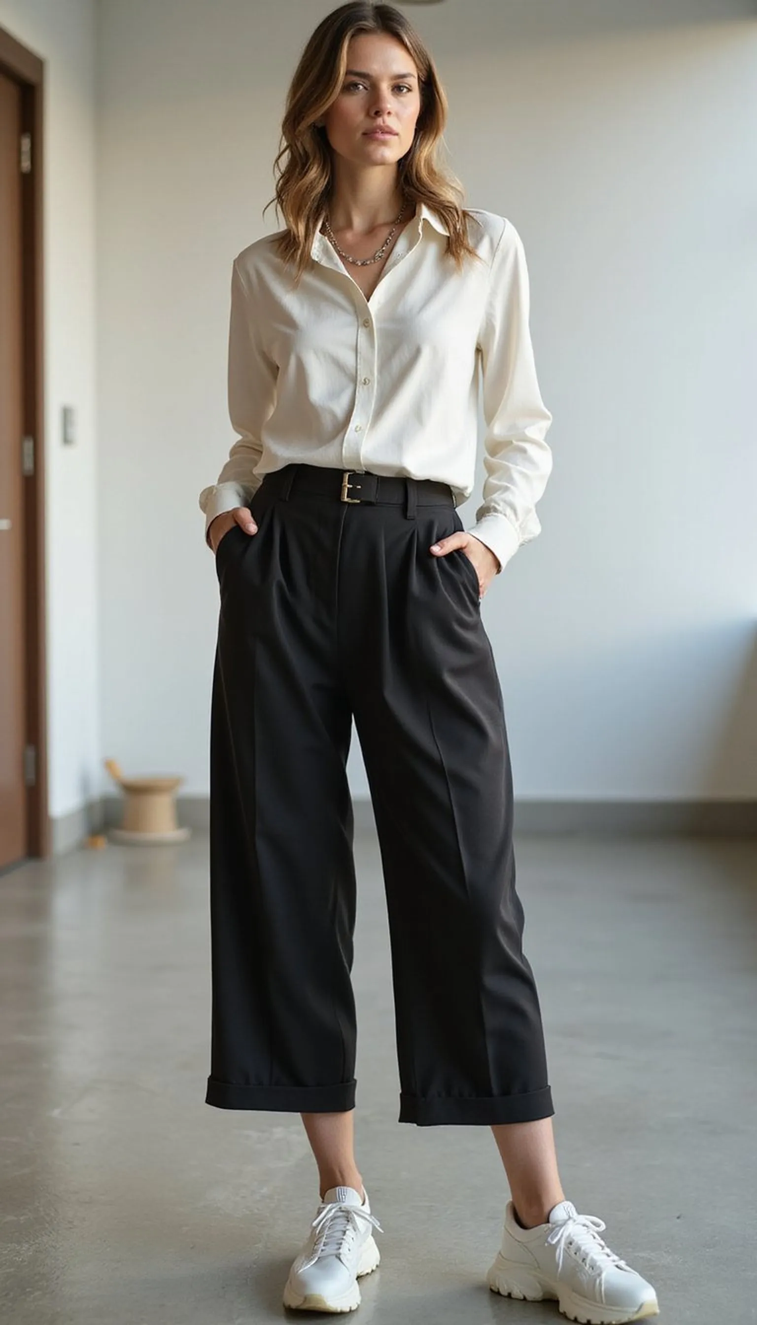Tailored culottes with statement chunky trainers