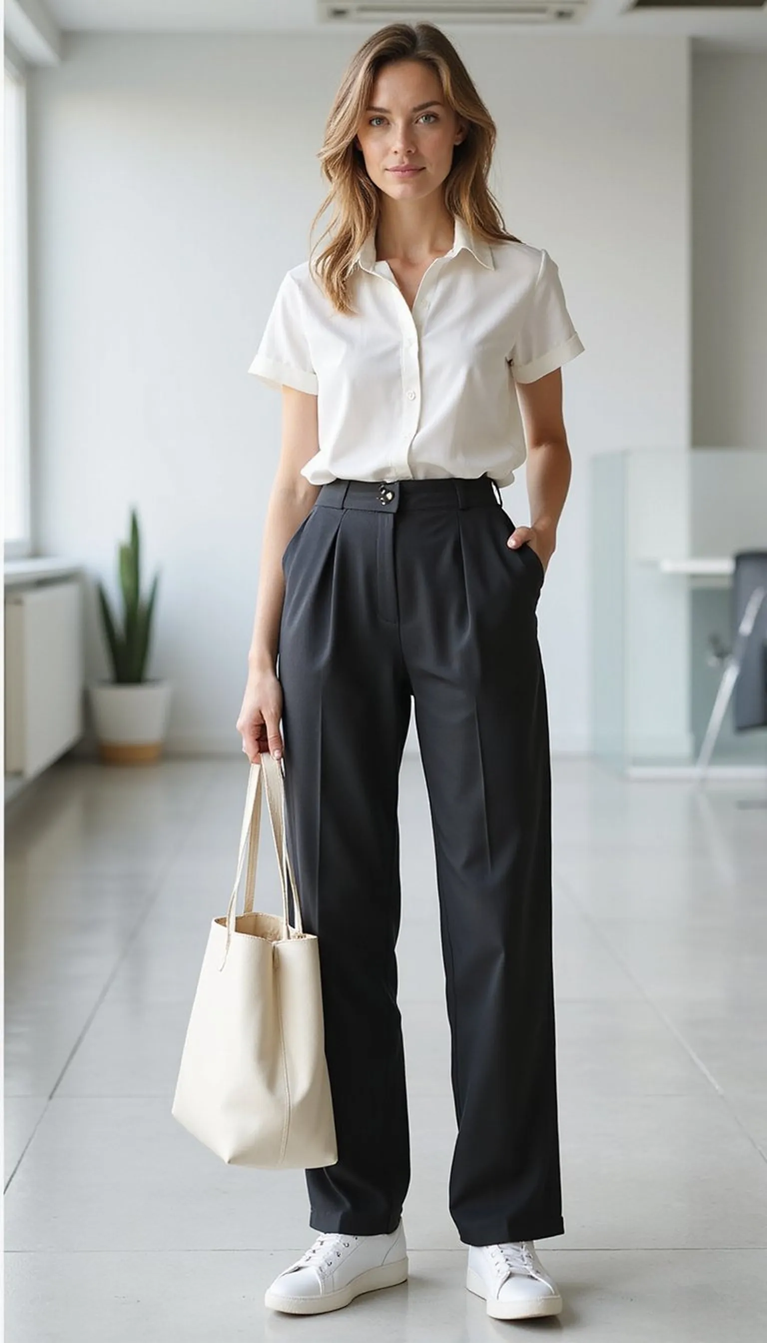 Wide-leg trousers with sleek minimalist sneakers
