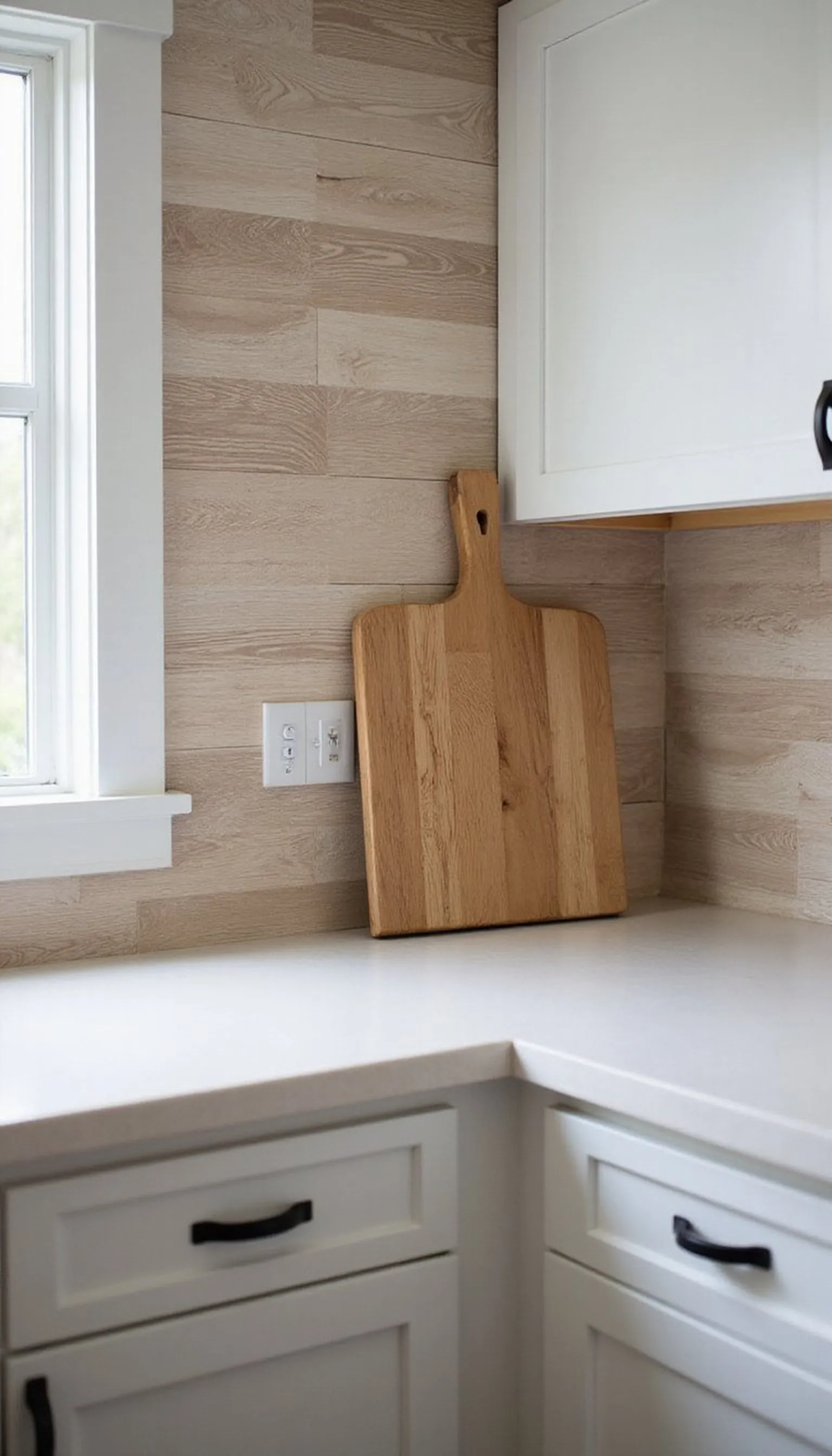 Wood-look panels for a warm, temporary backsplash