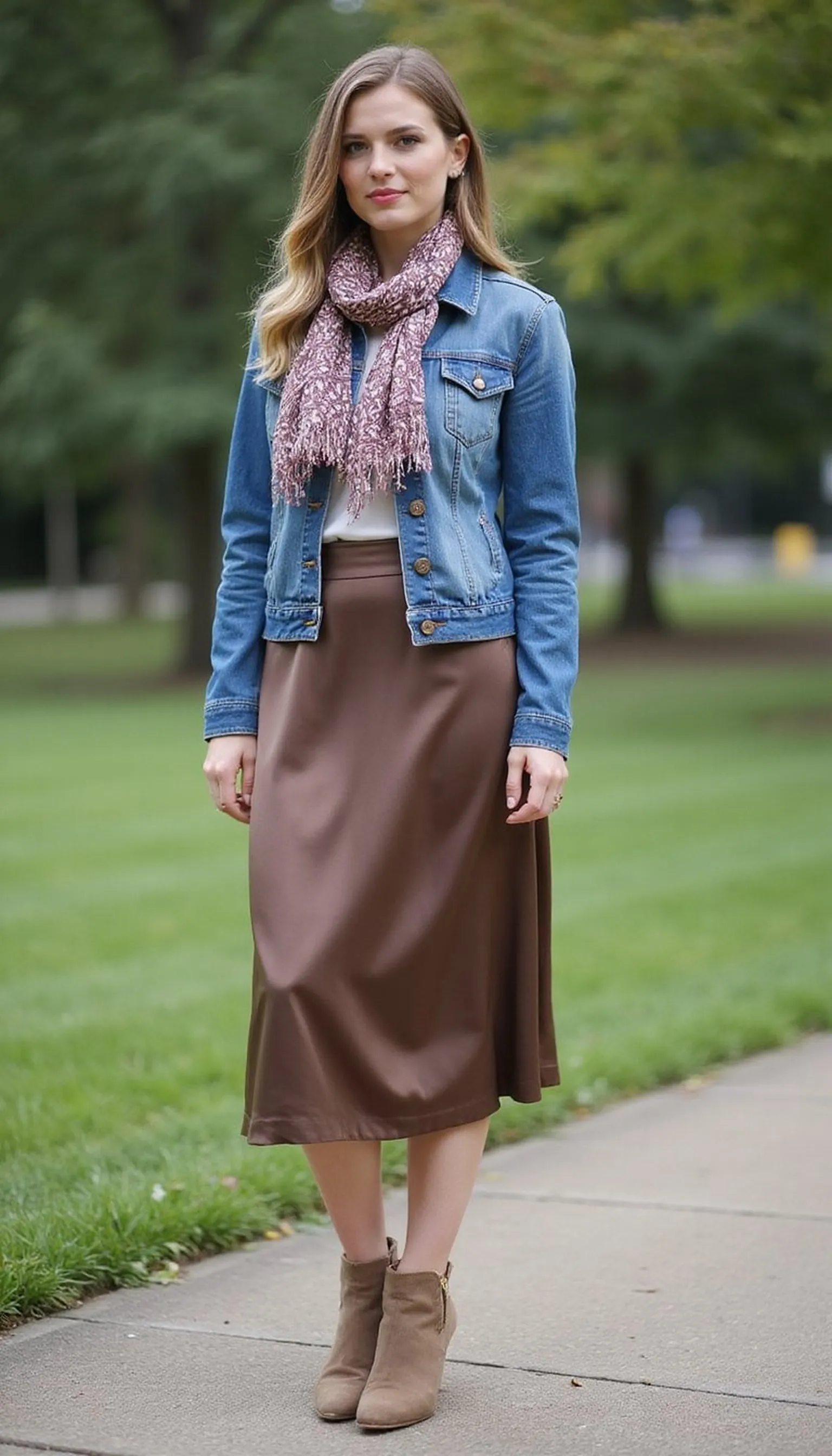 Denim jacket and satin skirt for relaxed layers