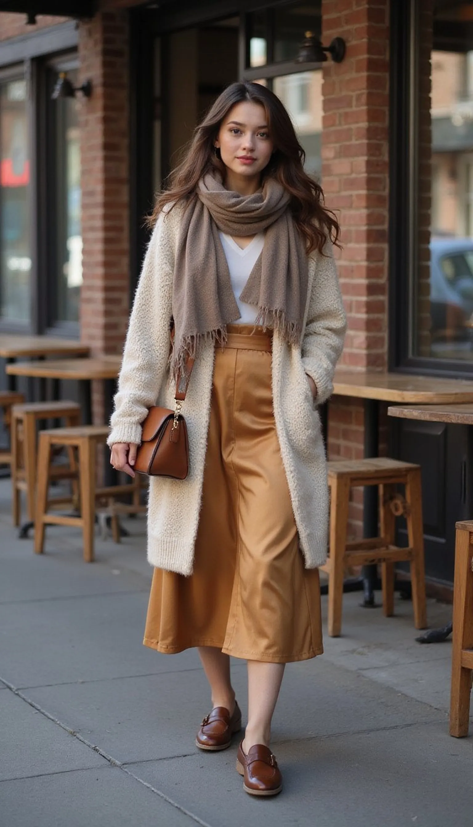 Long cardigan layered with satin for coffee runs