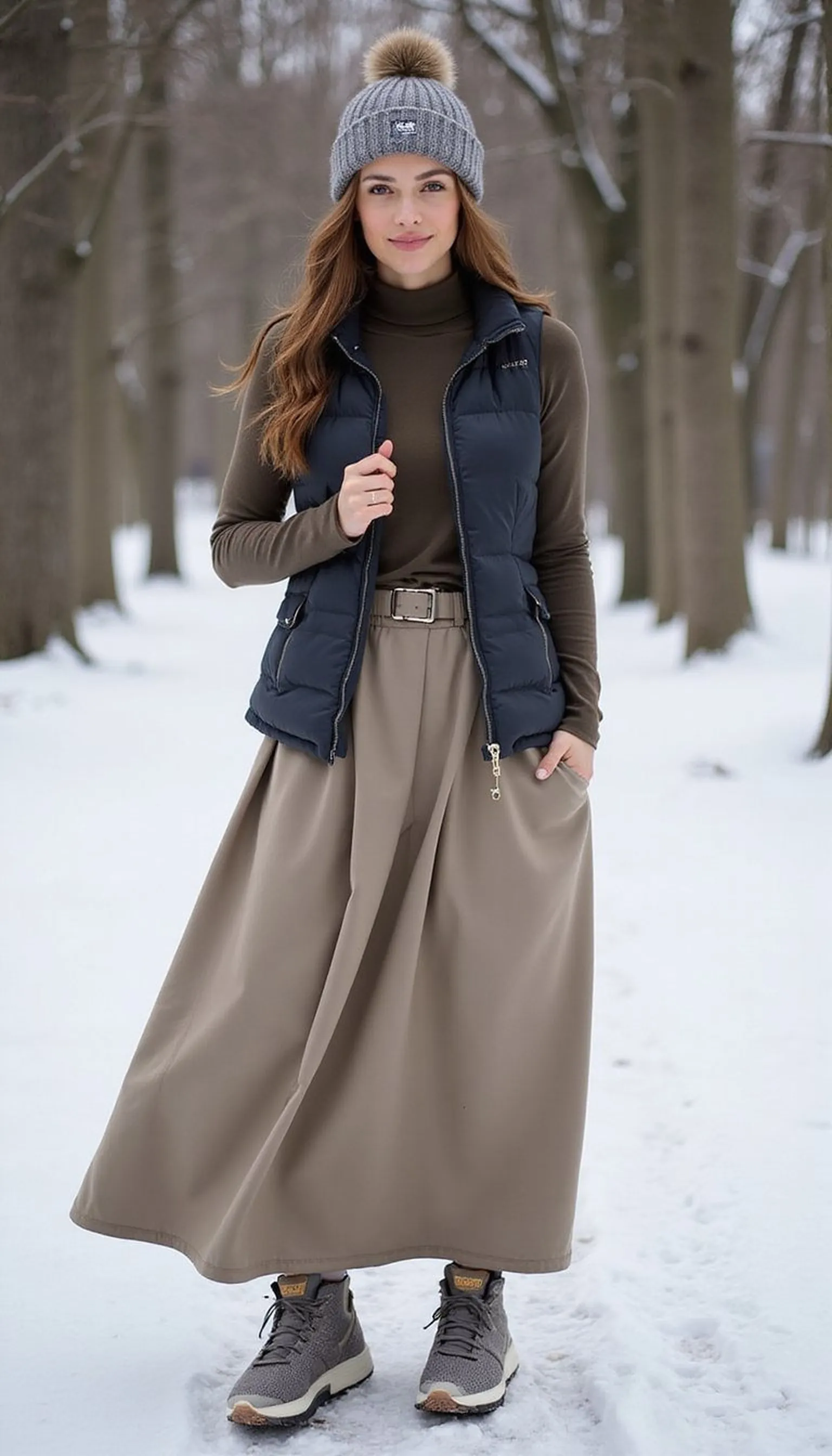 Sporty layers: thermal top under satin for snowy walks