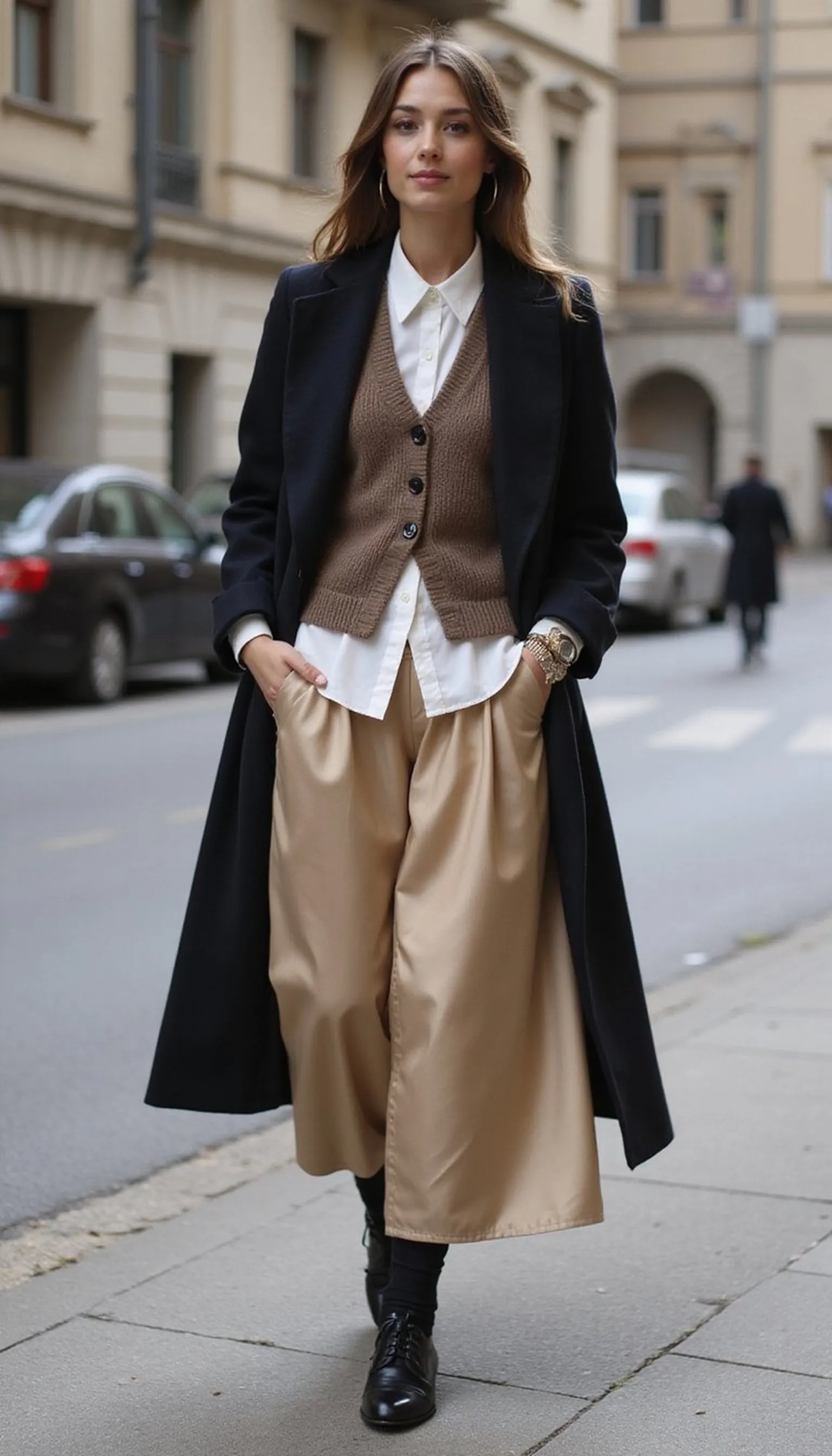 Sweater vest and satin midi for a preppy winter look