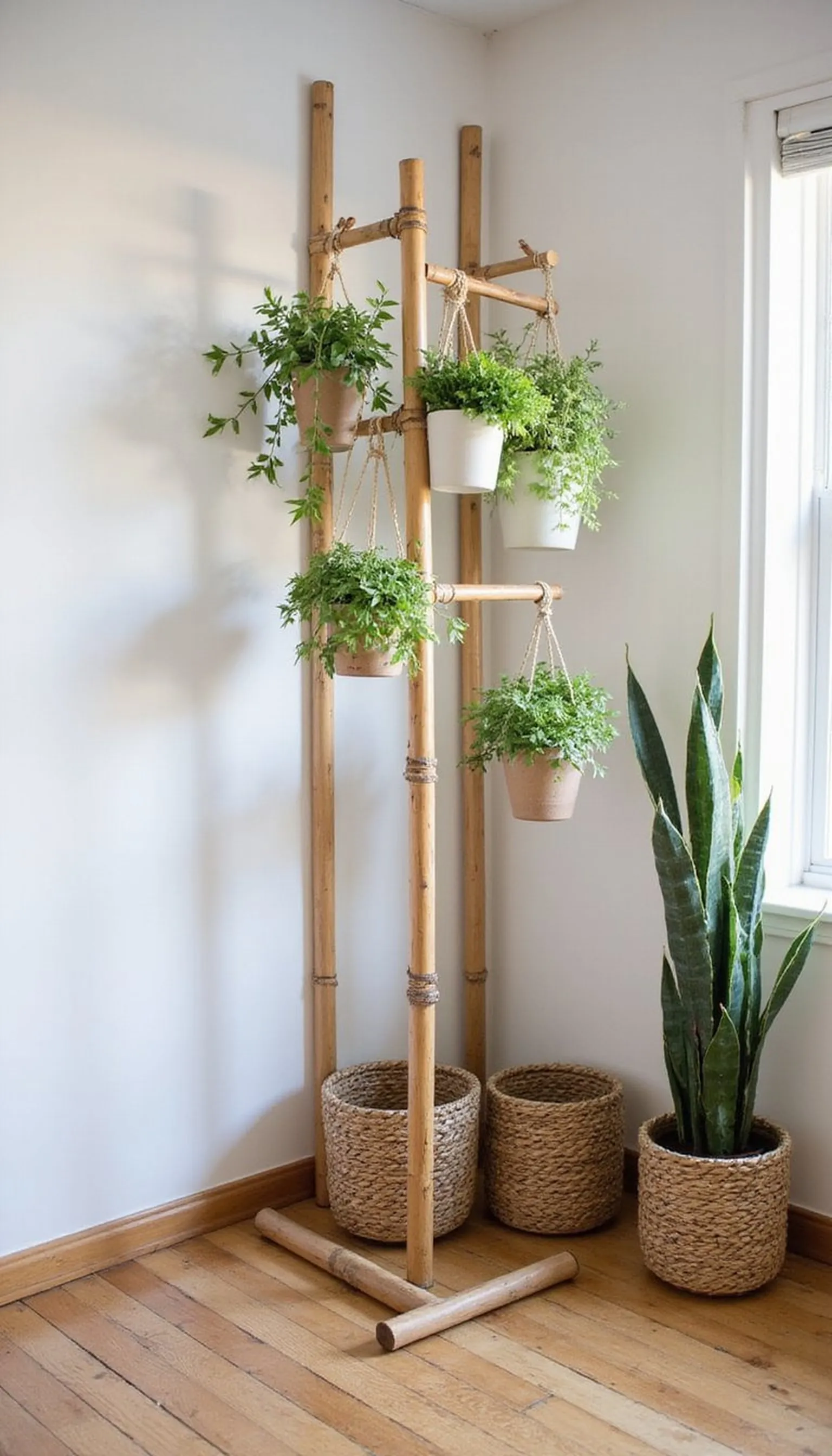 Bamboo pole with hanging planters: slim and serene