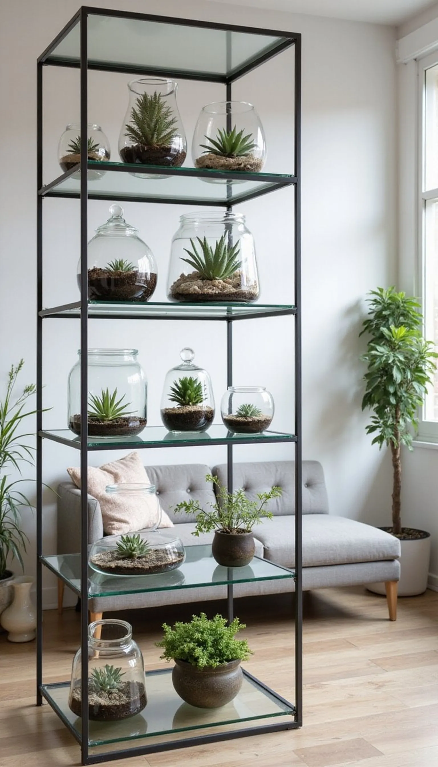 Glass terrarium shelving for a modern plant wall