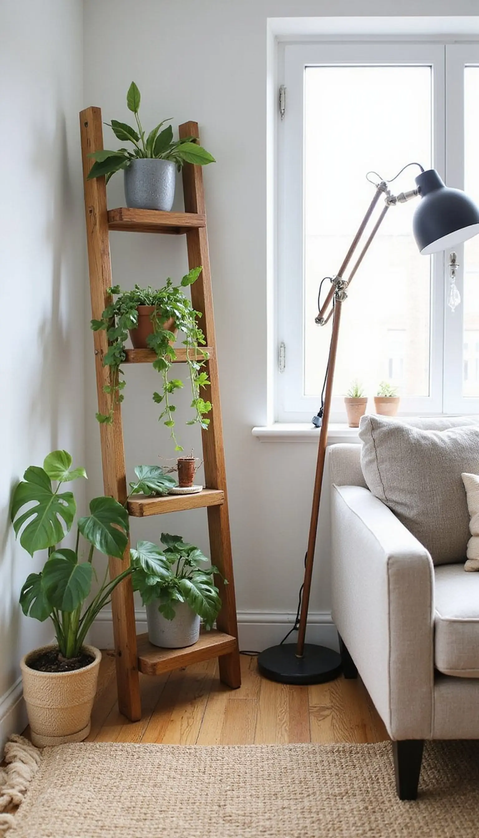 Ladder shelf divider with trailing pothos plants