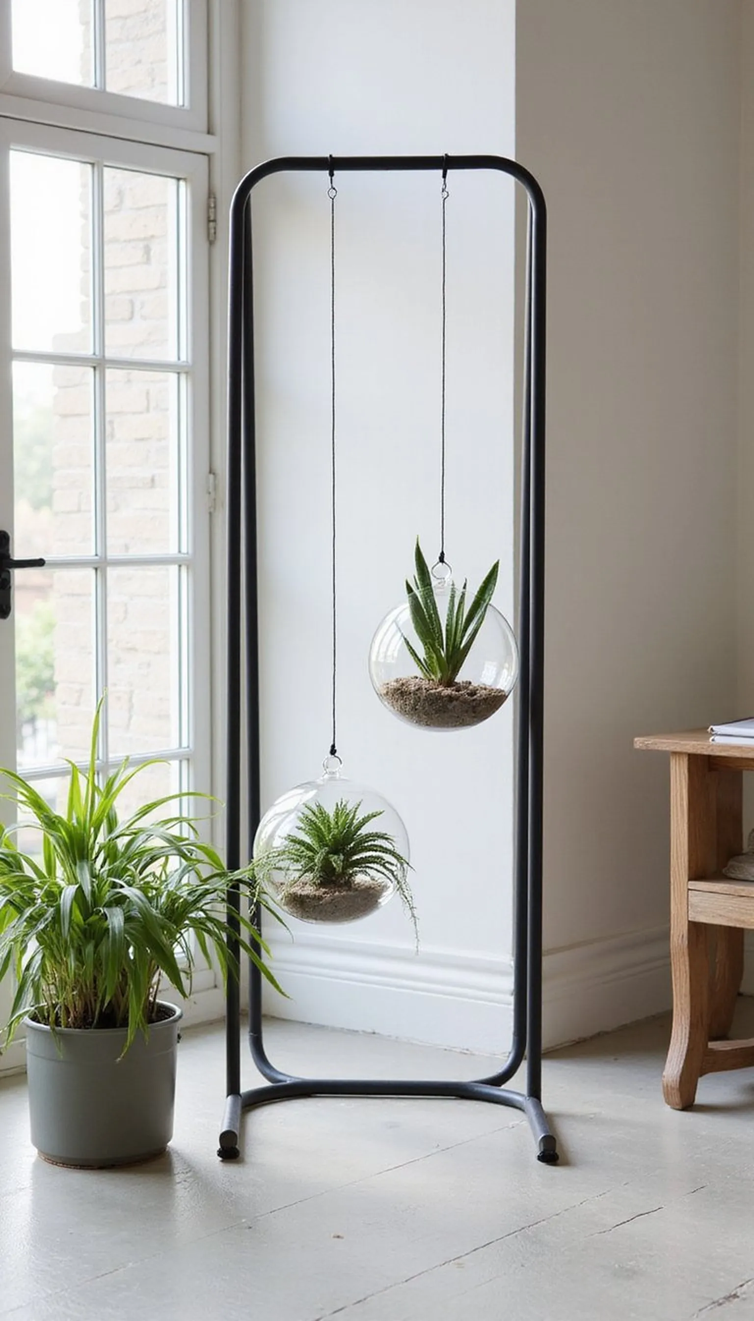 Metal frame with suspended glass planters—sleek and airy