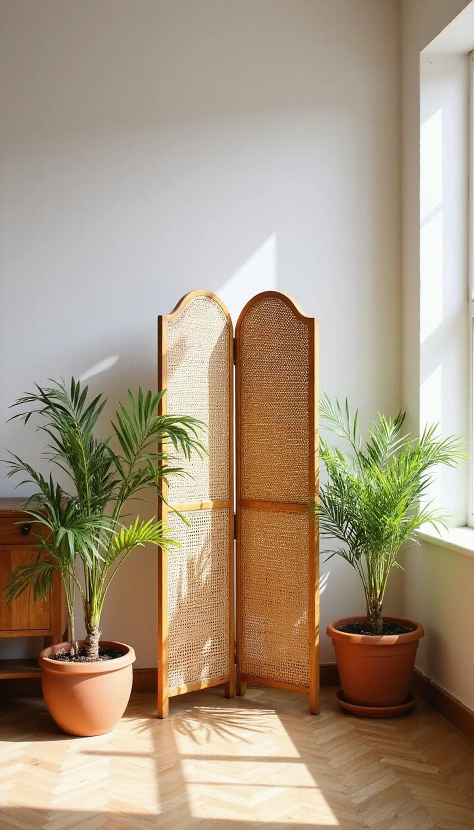 Rattan screen with potted palms for a beachy vibe