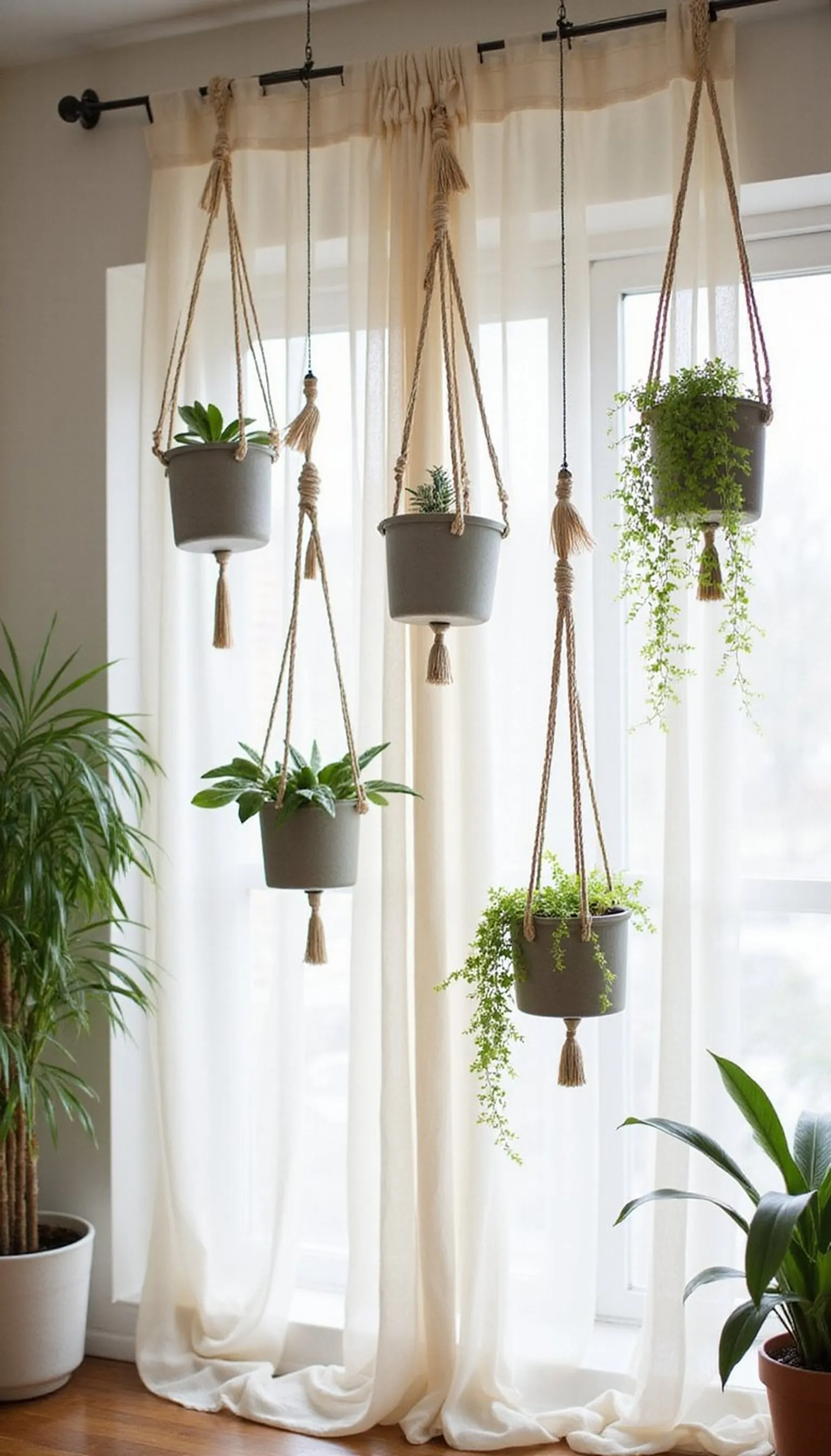 Sheer curtain + hanging planters for gentle separation