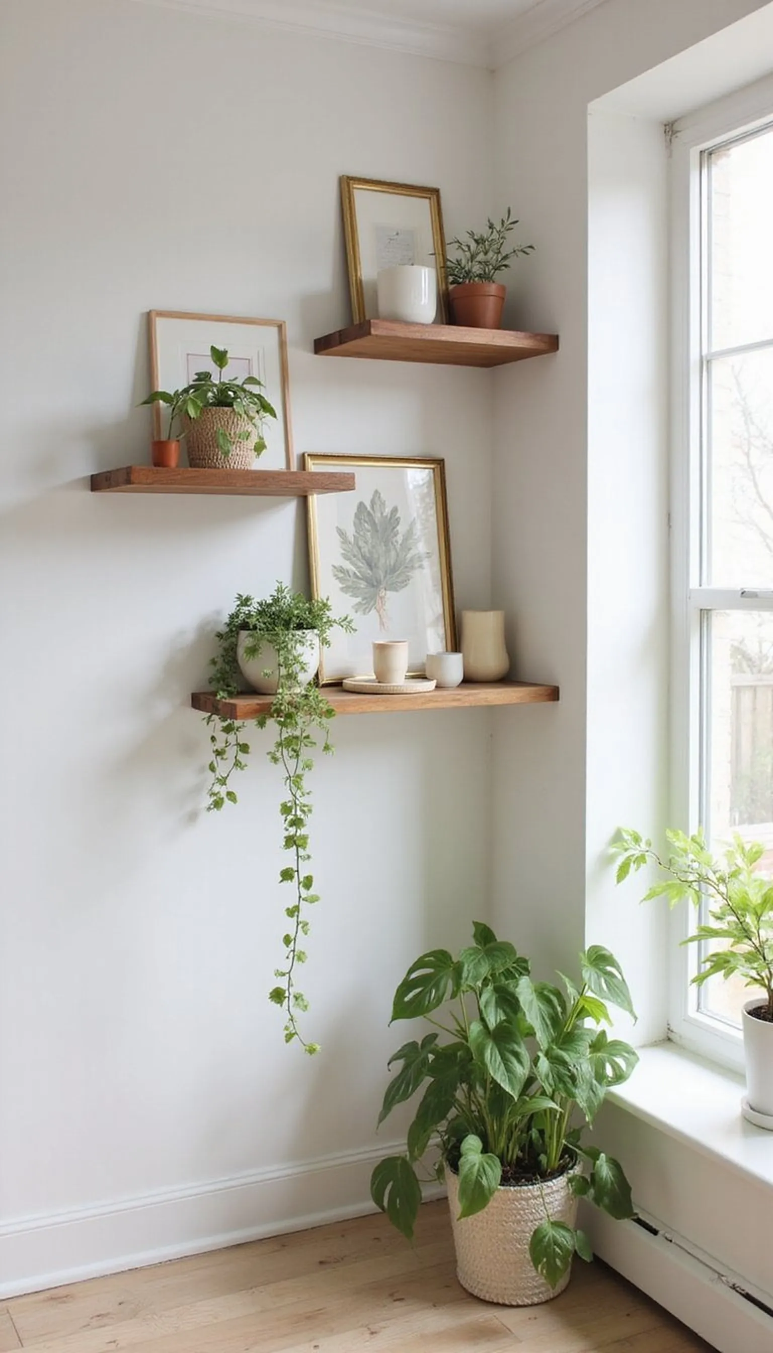 Staggered floating shelves with trailing plants