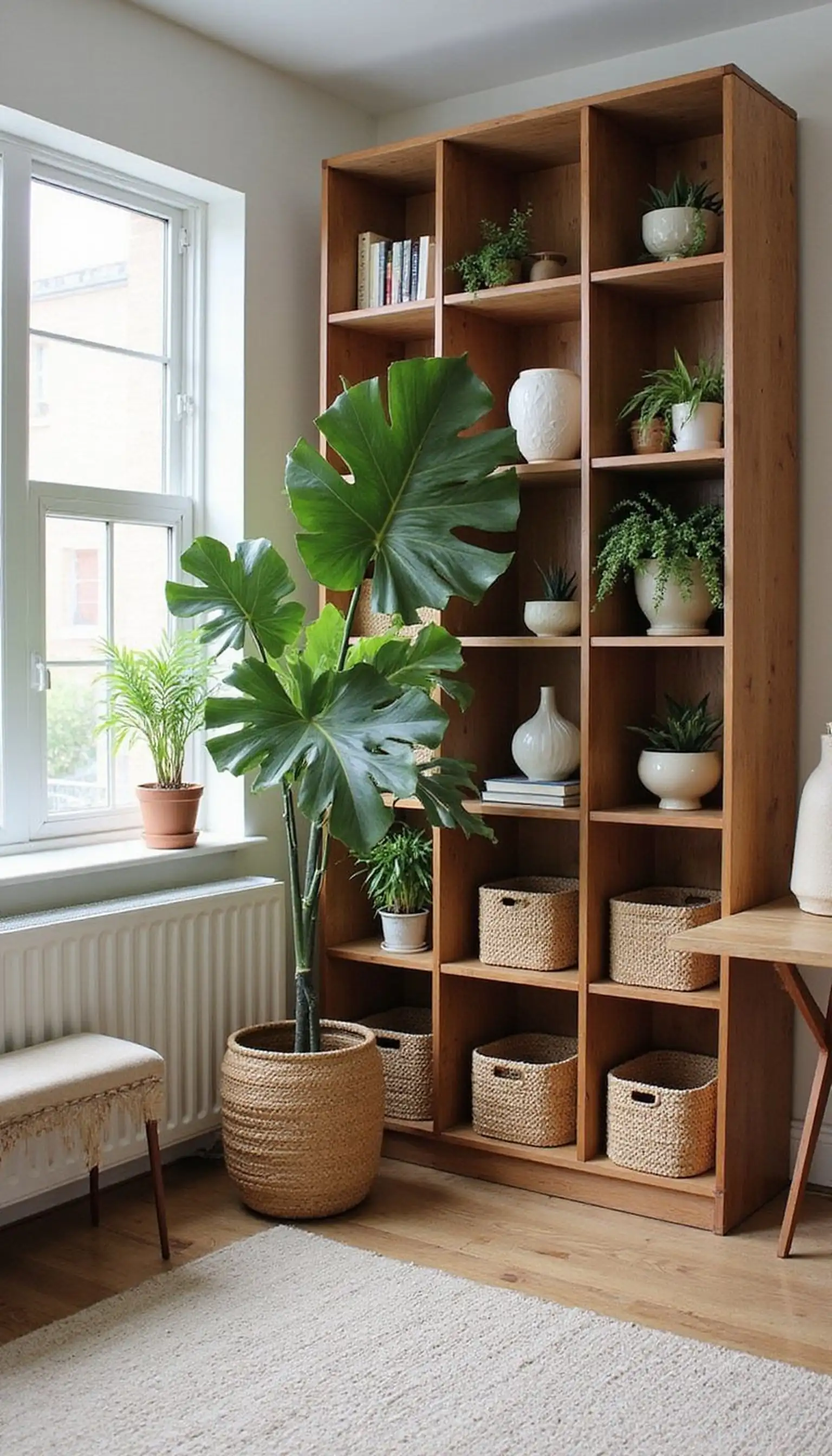 Tall bookshelf overflowing with potted greenery
