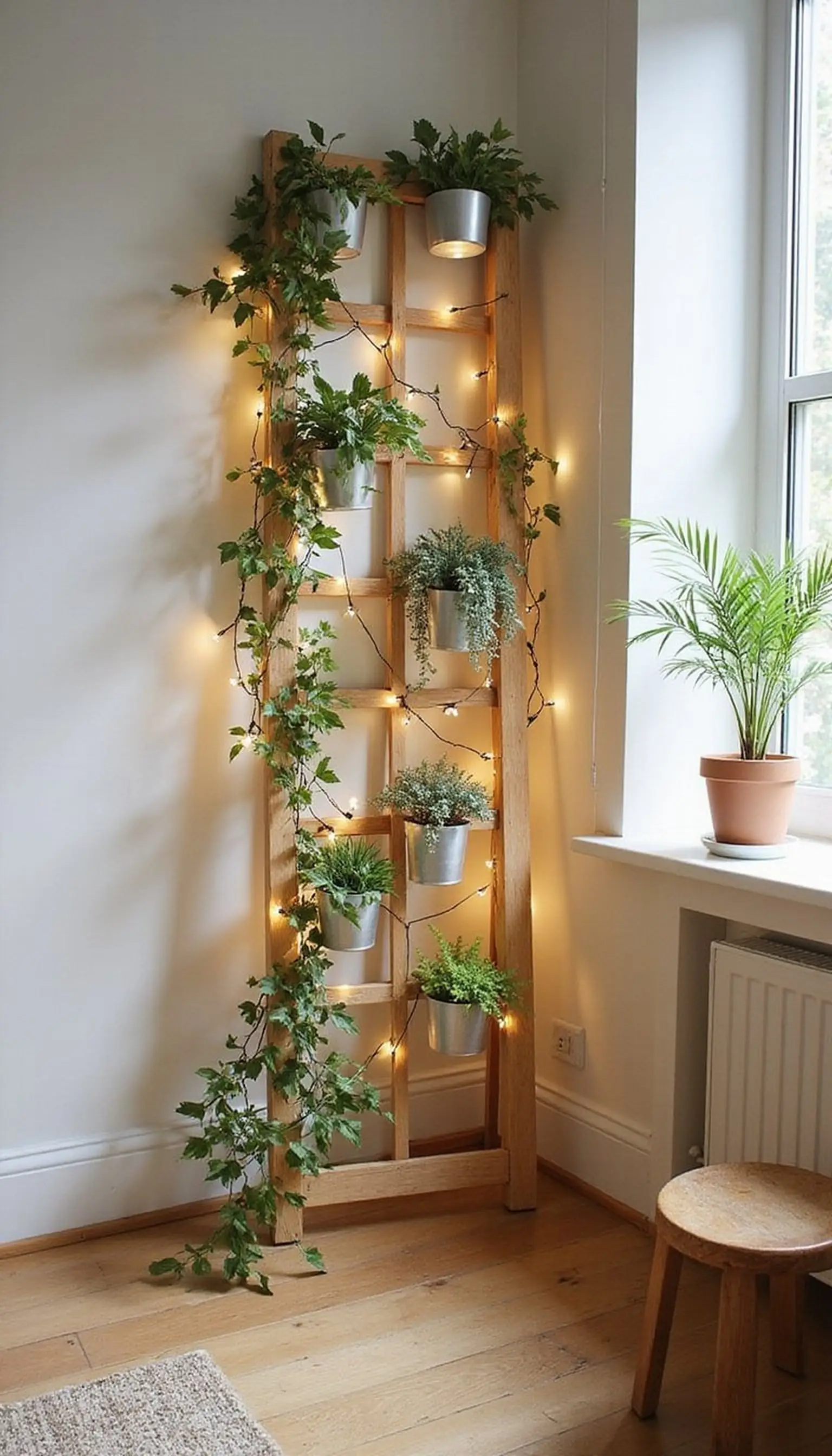 Vertical trellis with climbing ivy and soft lights