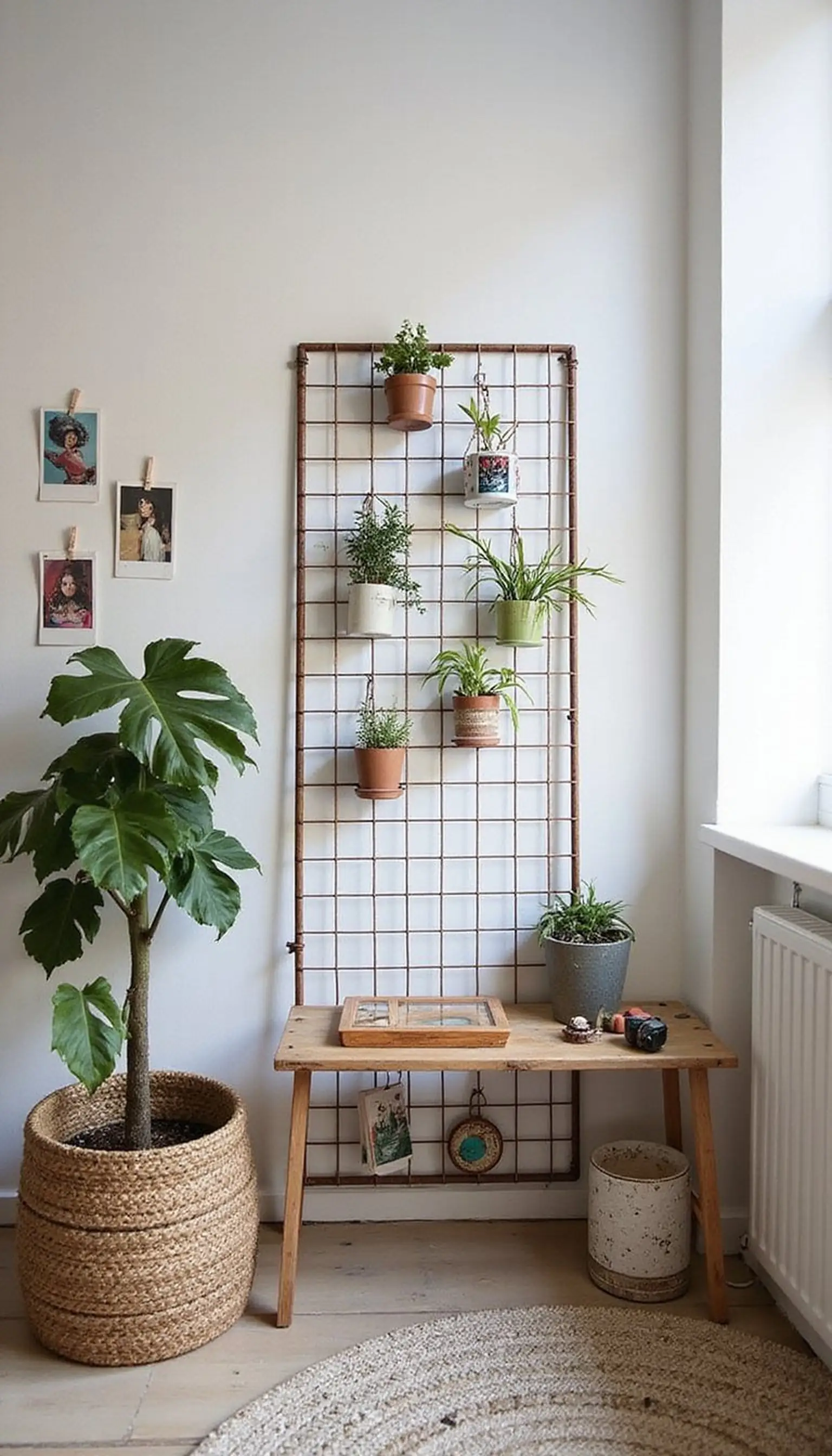 Wire grid panel with clipped mini planters