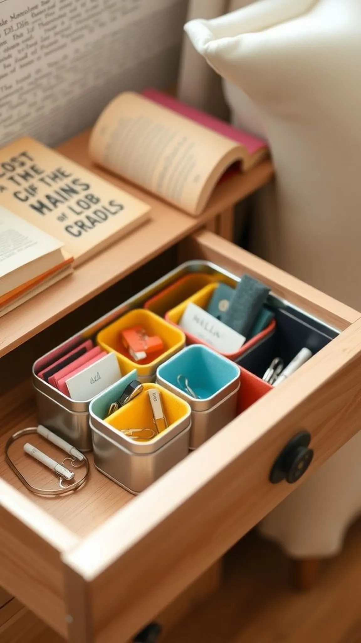 Drawer tidy with felt dividers inside tin