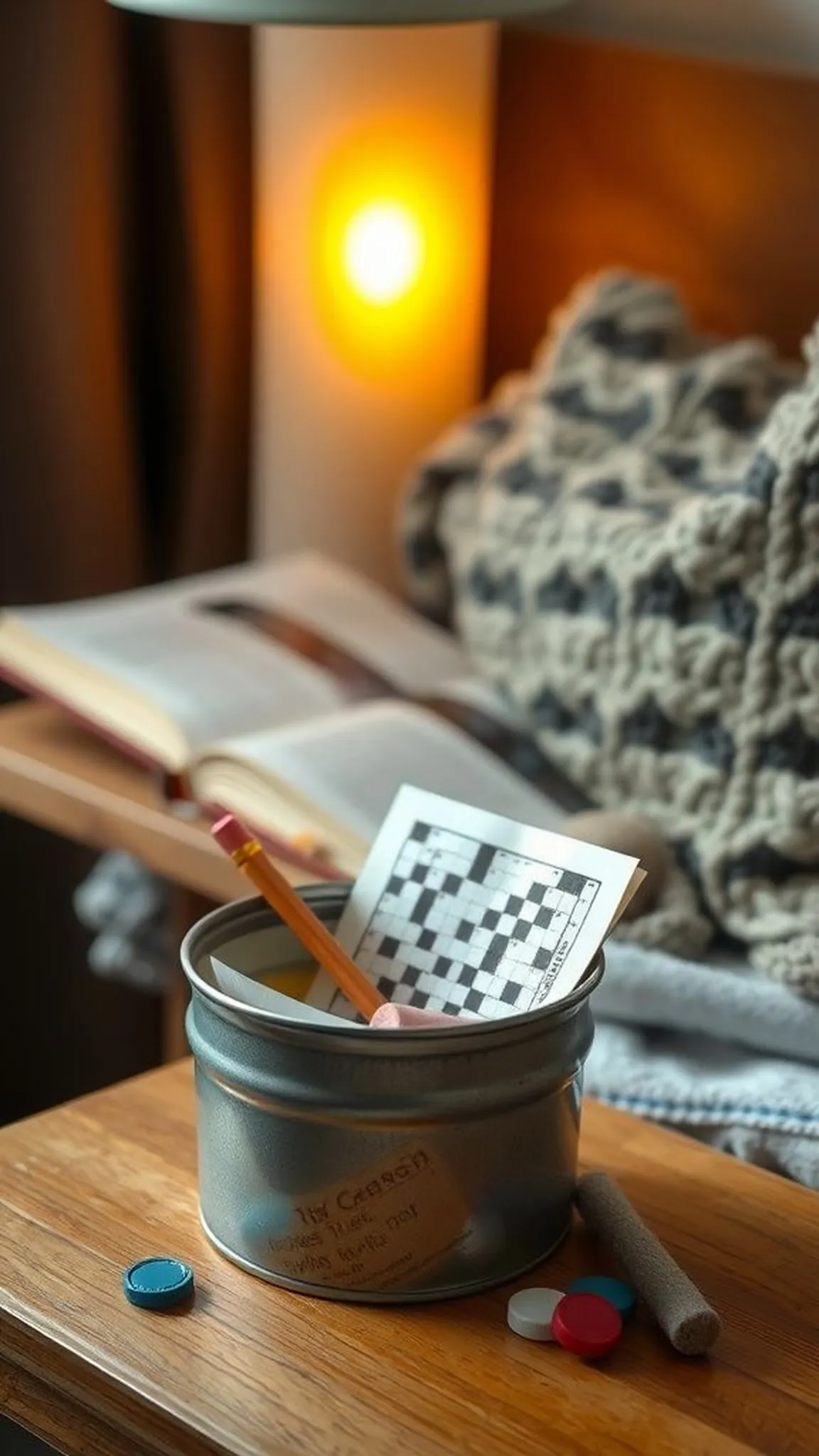 Pocket-size crossword and game piece tin