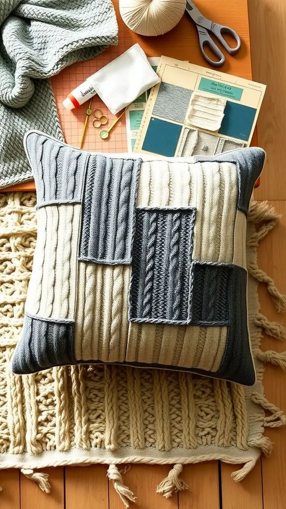 Cable-knit patchwork square for a cozy centerpiece