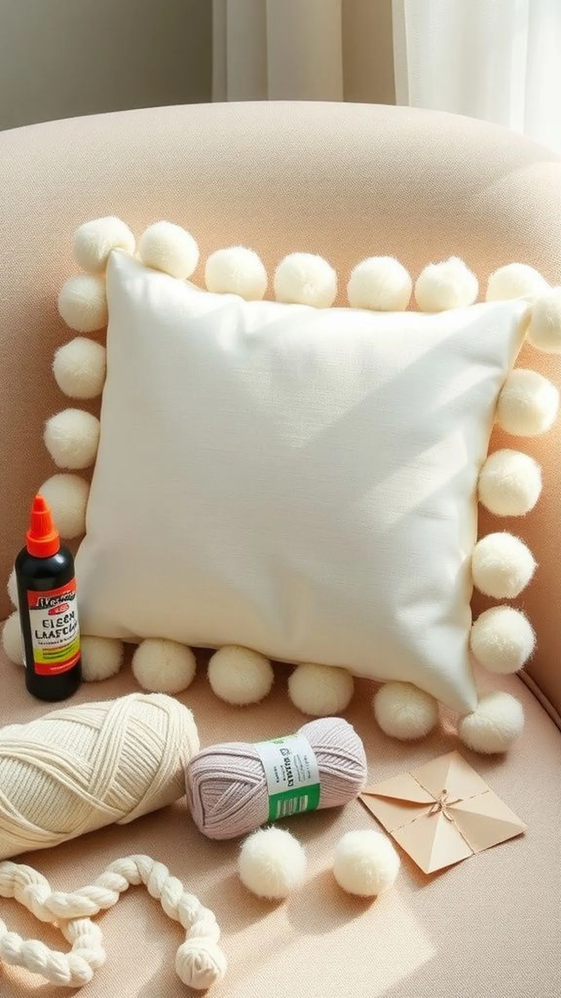 Pom-pom trimmed throw pillow using sweater yarn