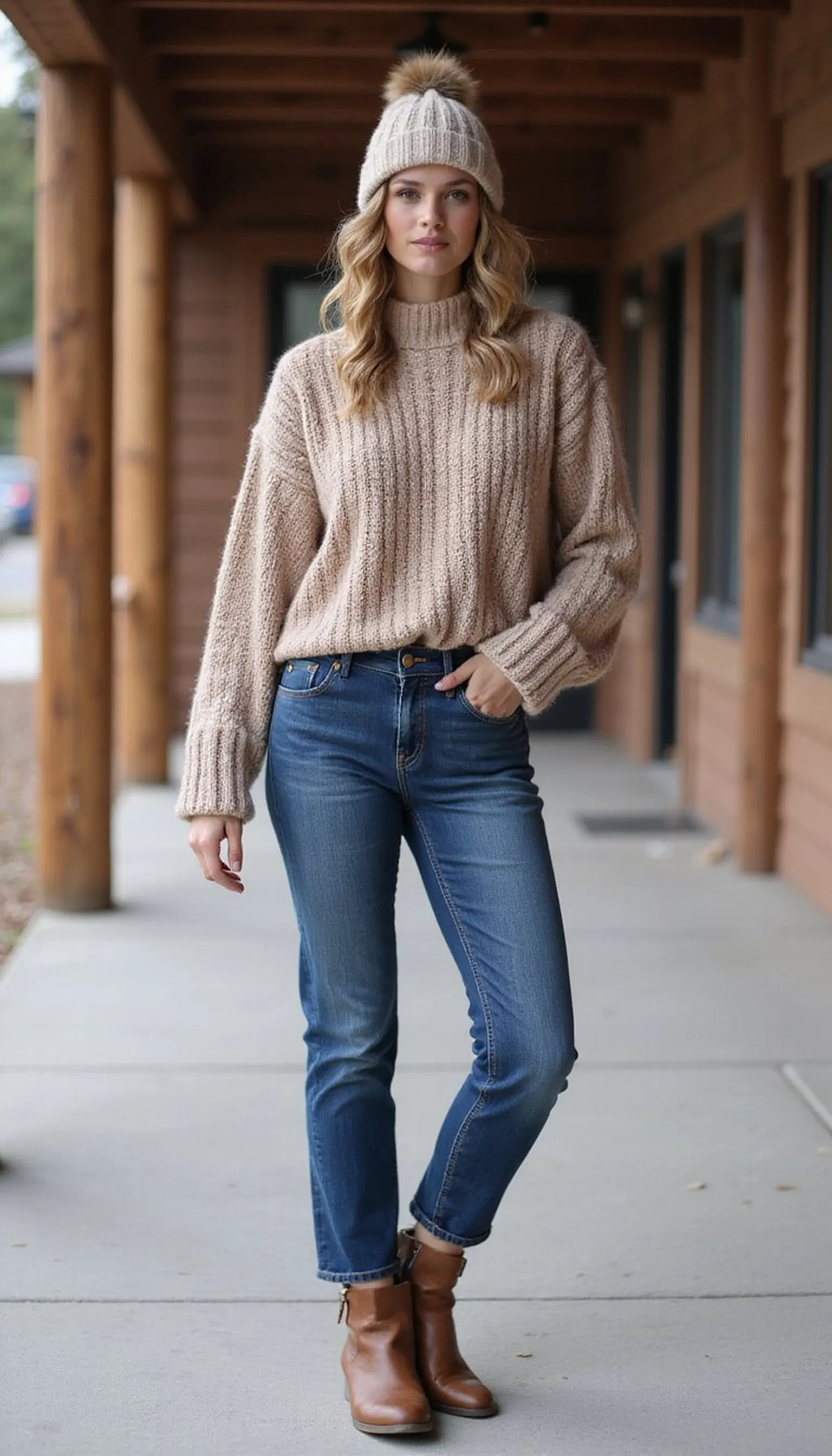 Chunky sweater with high-waist jeans and beanie