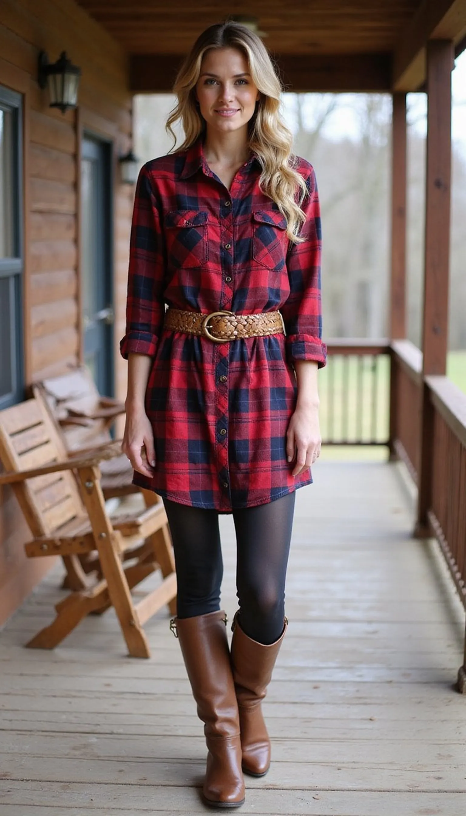 Country chic: flannel dress and tall boots