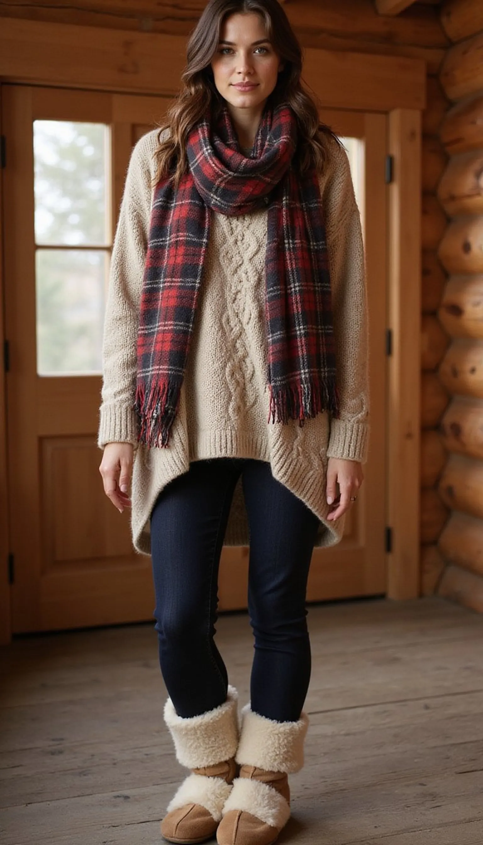 Cozy cable-knit turtleneck with shearling slippers