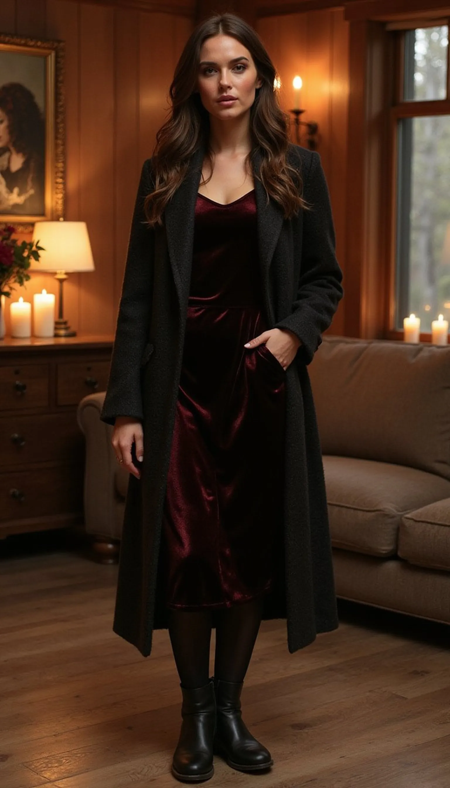 Date-night cabin look: velvet dress and boots