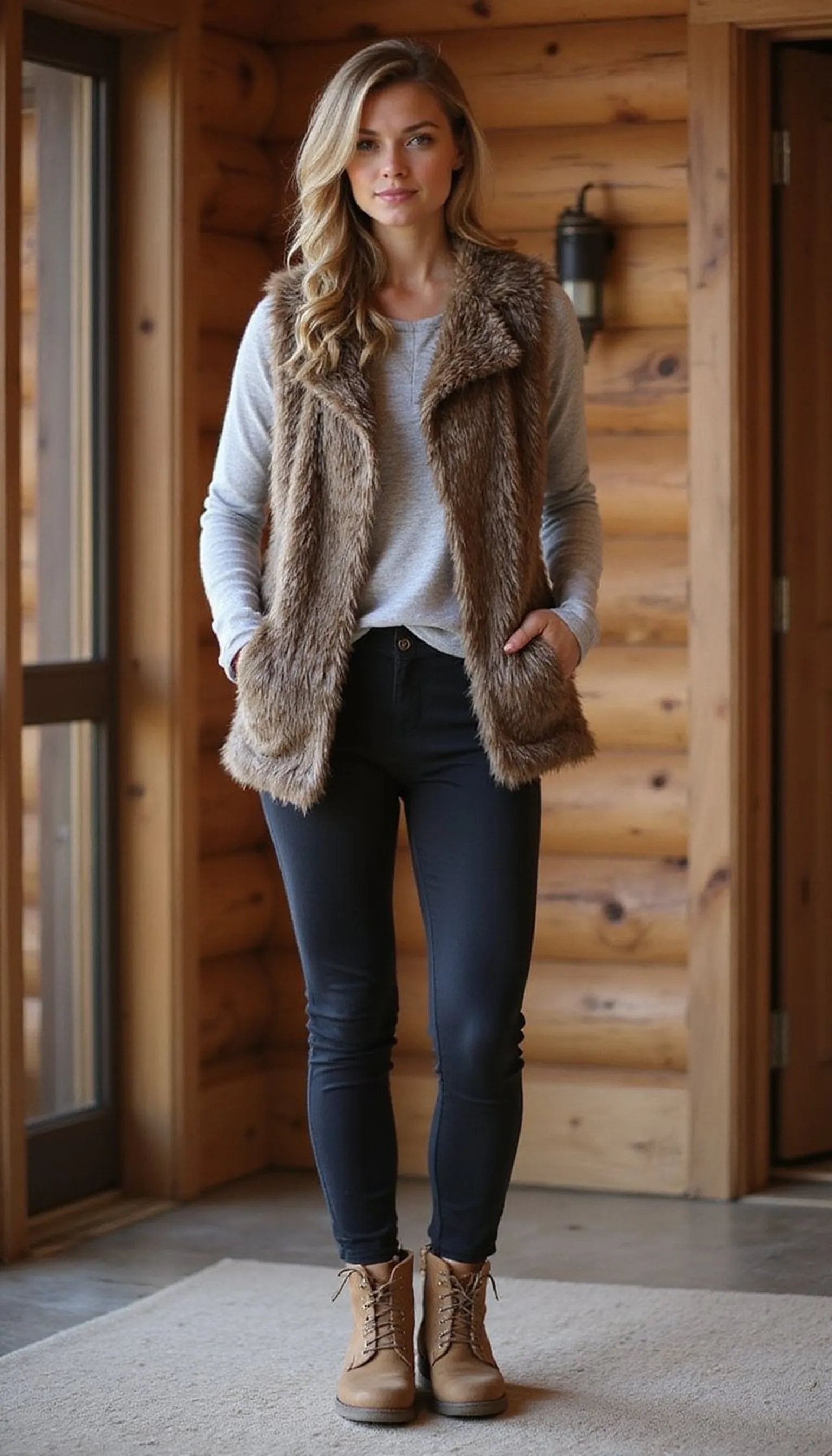 Faux-fur vest over henley and fleece leggings