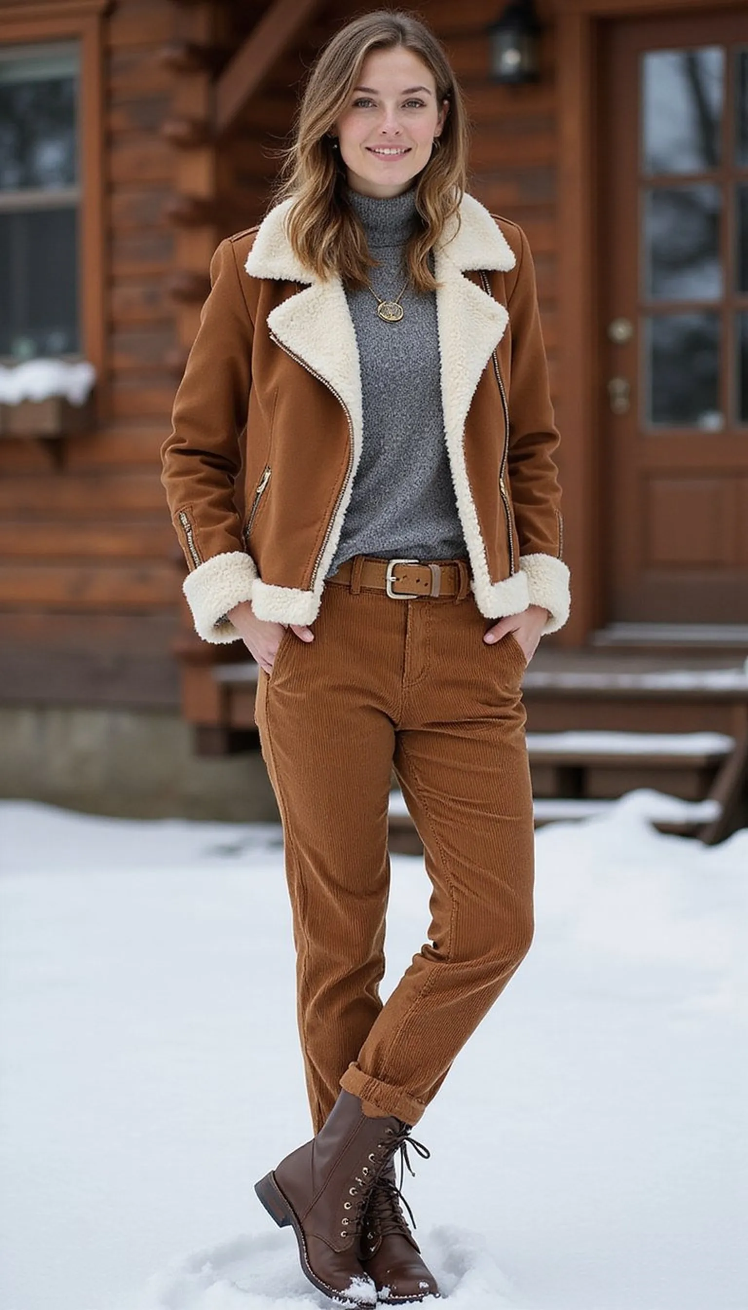 Faux-shearling jacket with corduroy trousers