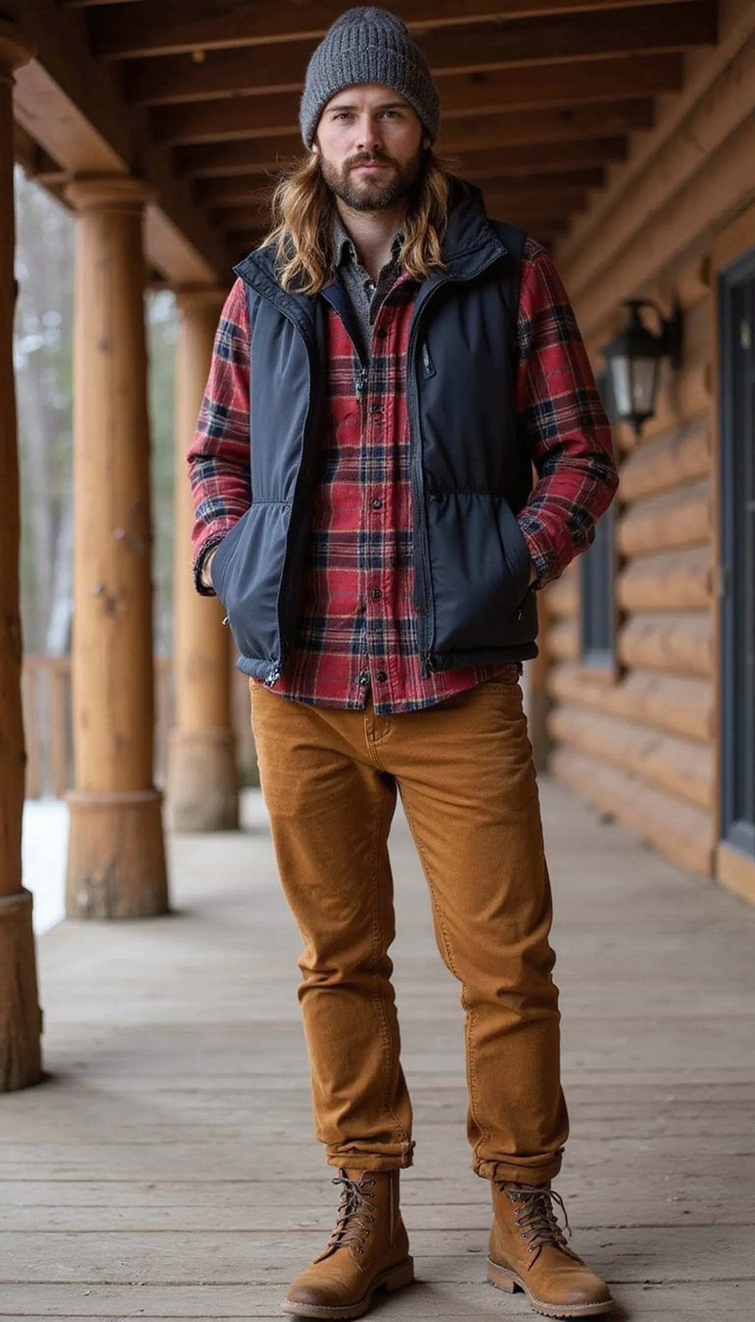 Layered flannel shirt and puffer vest combo