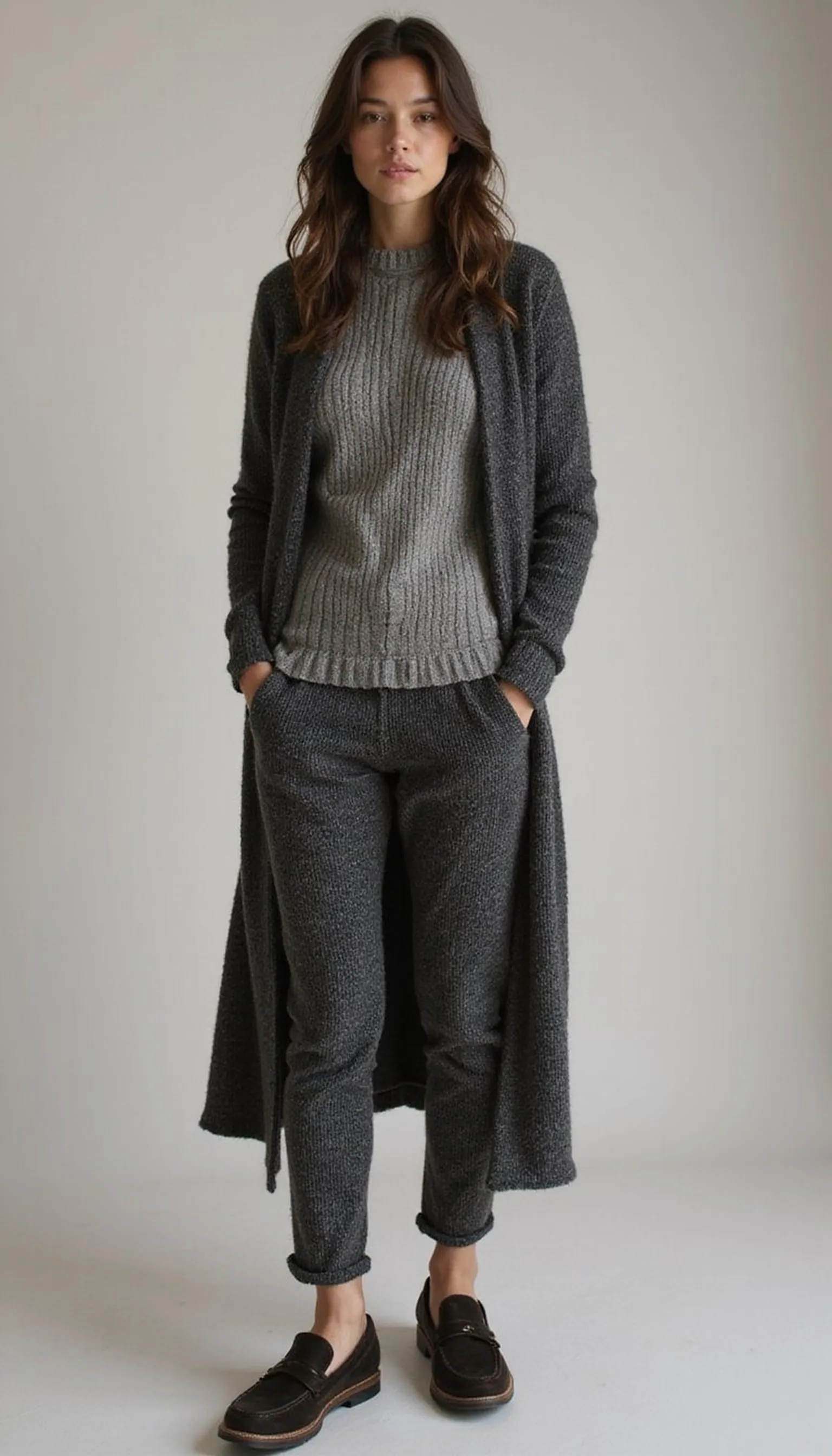 Monochrome neutral knit layering for warmth