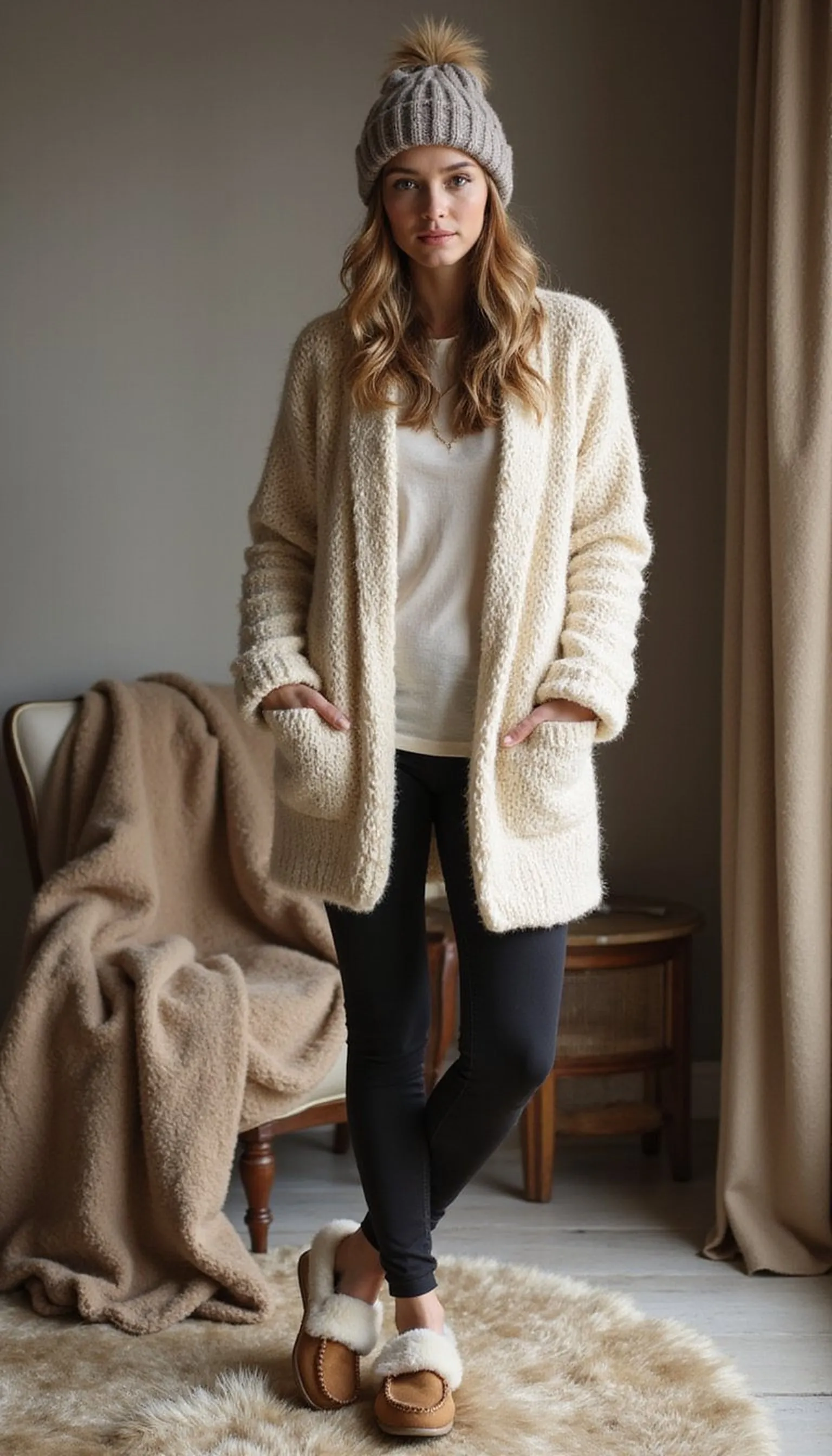 Oversized cardigan, leggings, and knit beanie