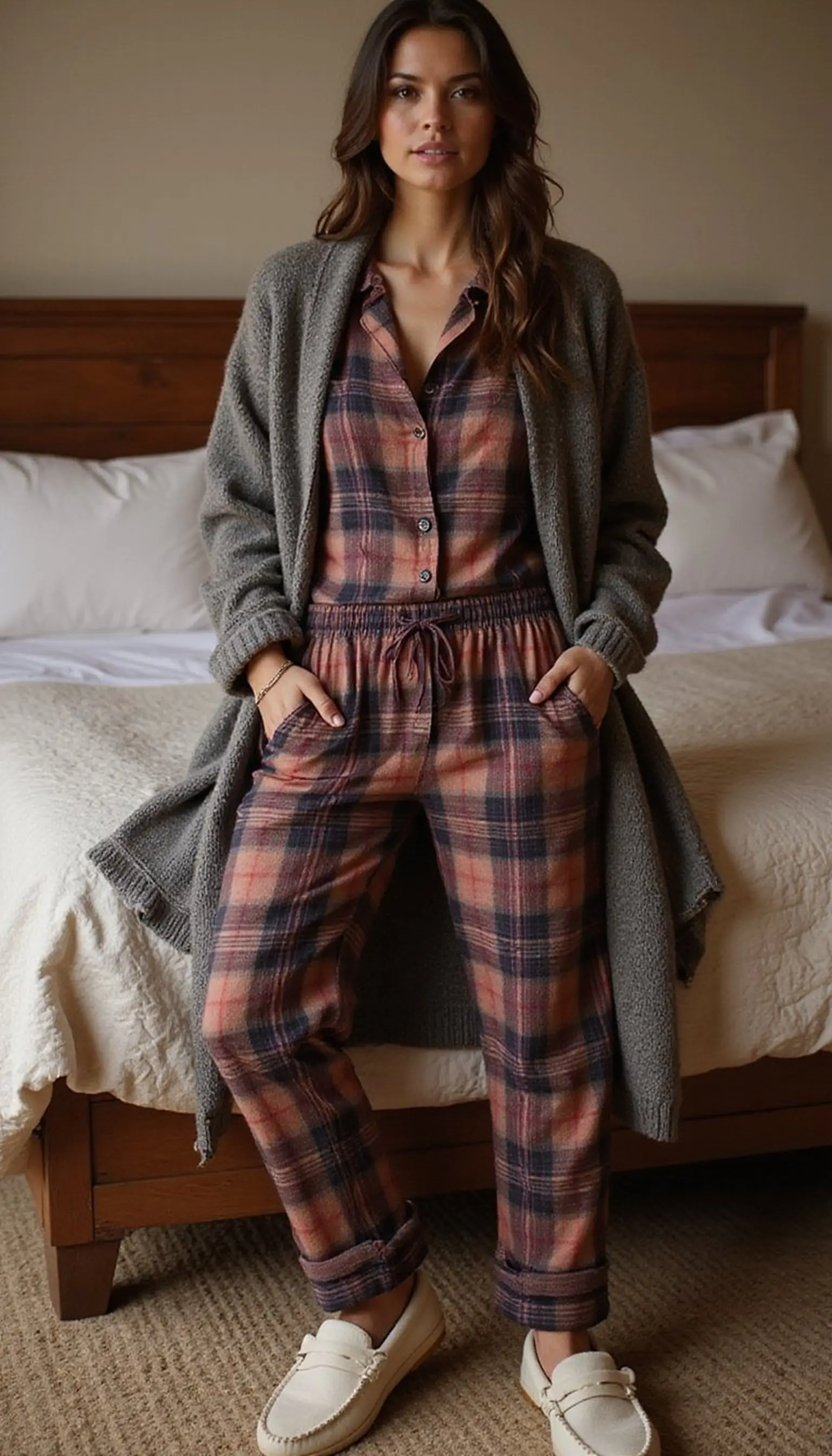 Plaid pajama set with oversized cardigan and slippers