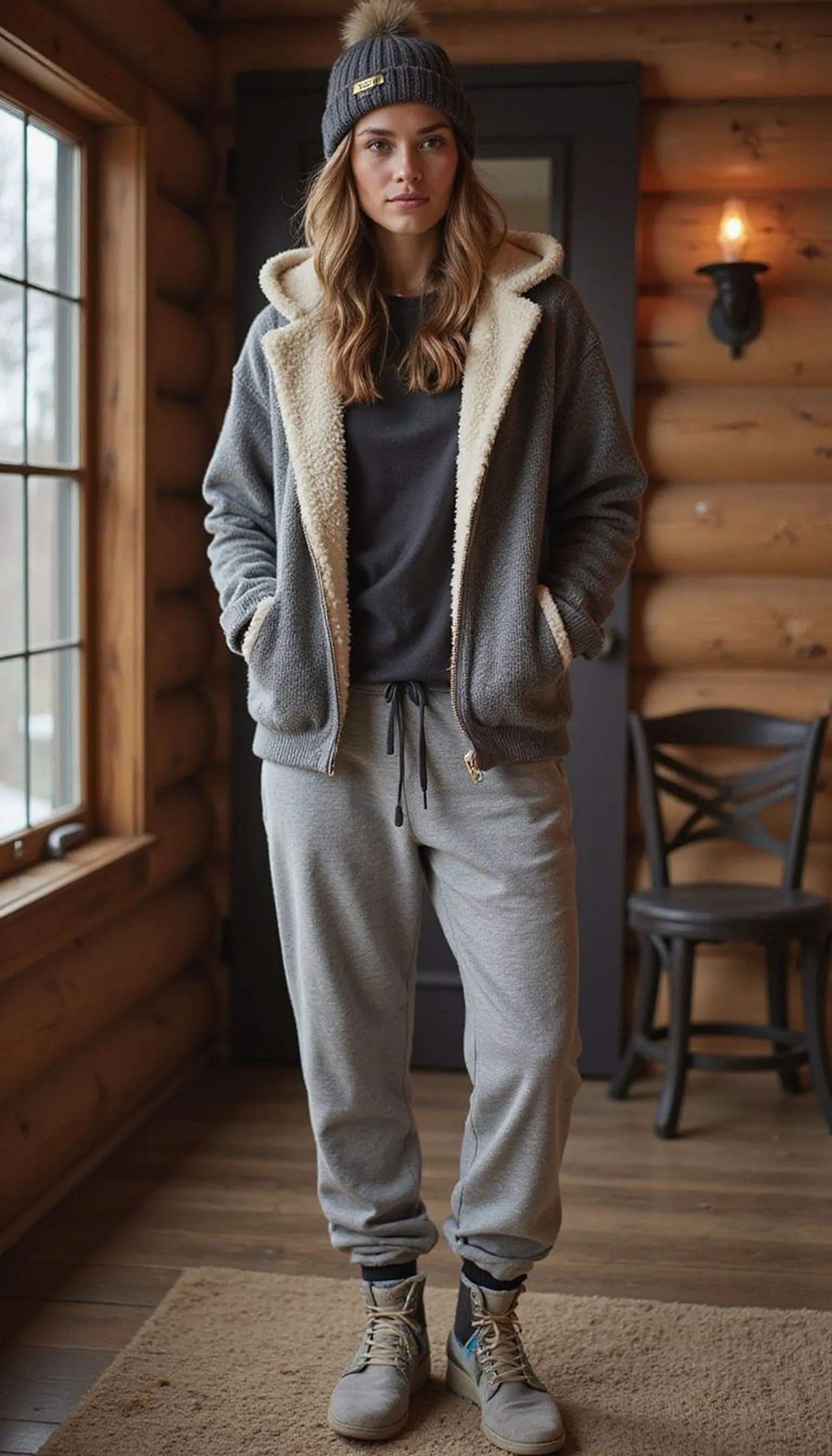 Sherpa-lined hoodie paired with relaxed joggers