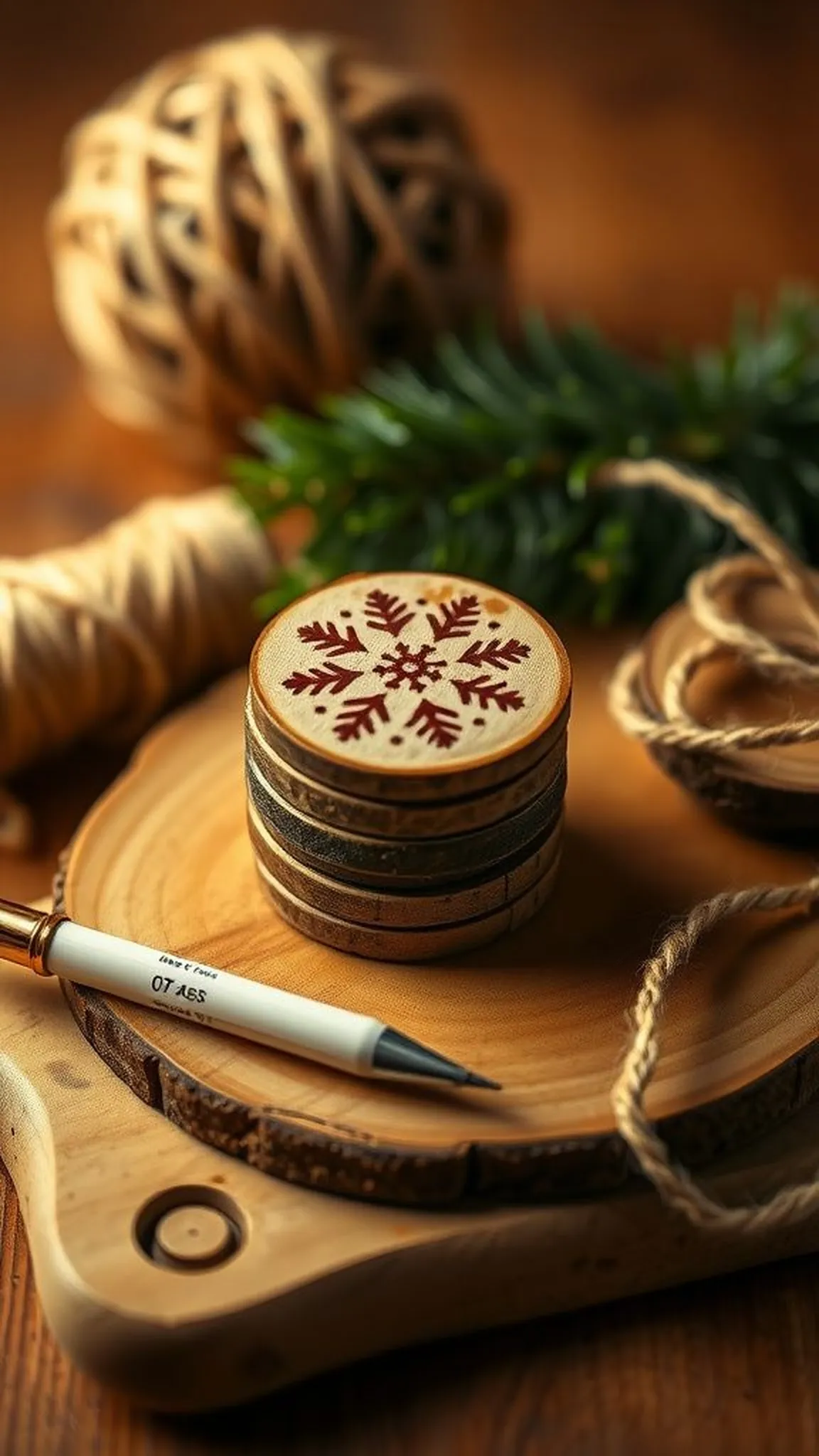 Festive round ornament discs with burned designs
