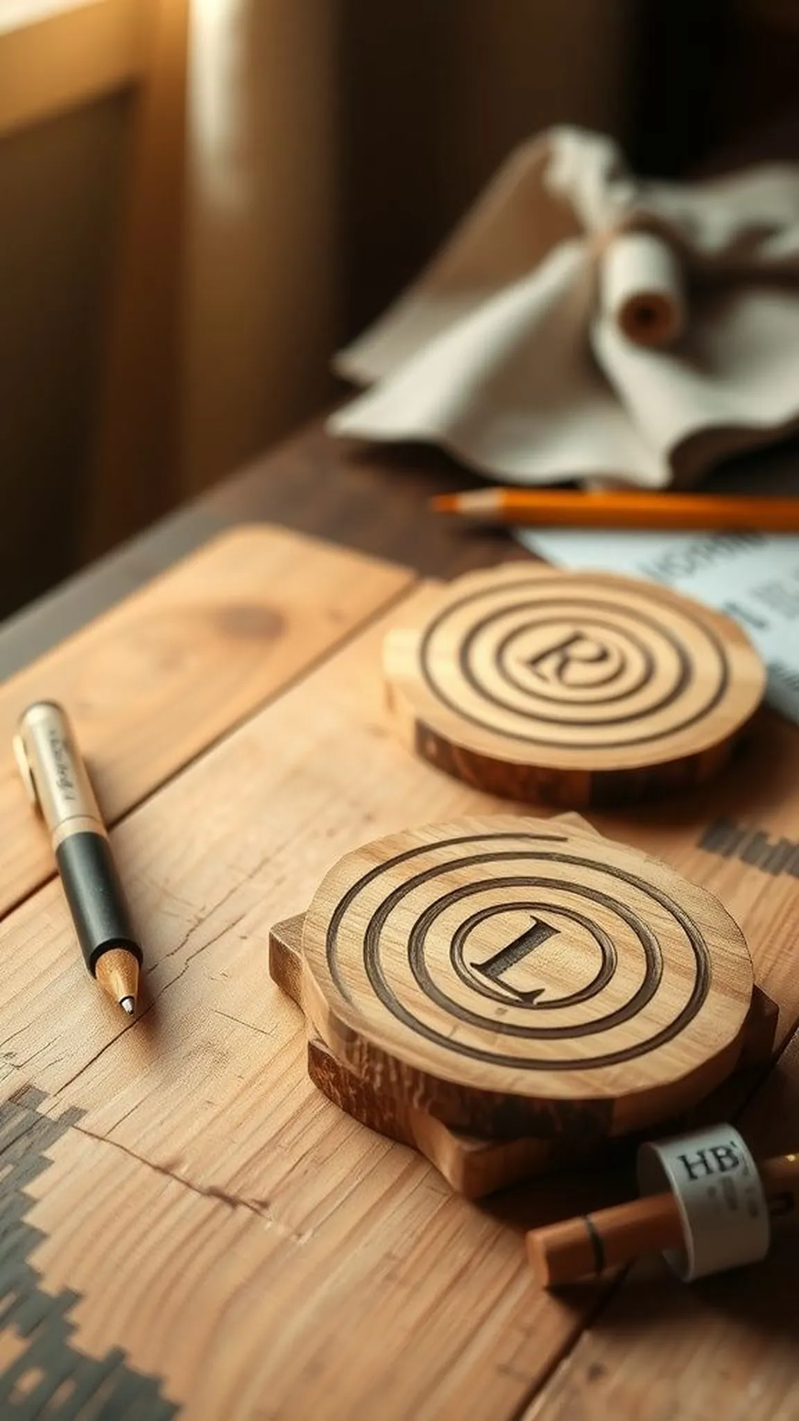 Hand-burned rustic wood slice drink coasters