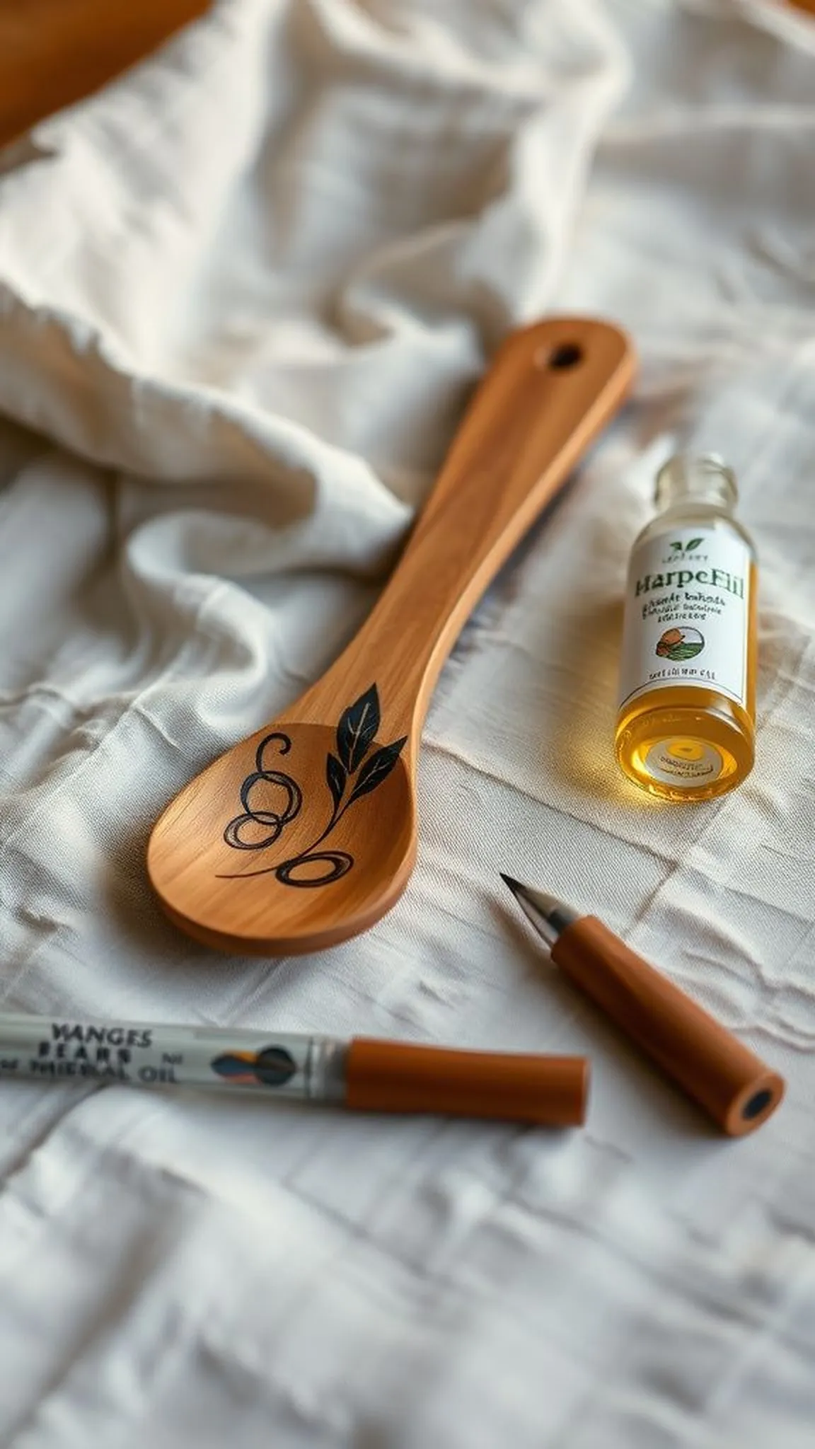 Handheld wooden spoon accent with burned motif