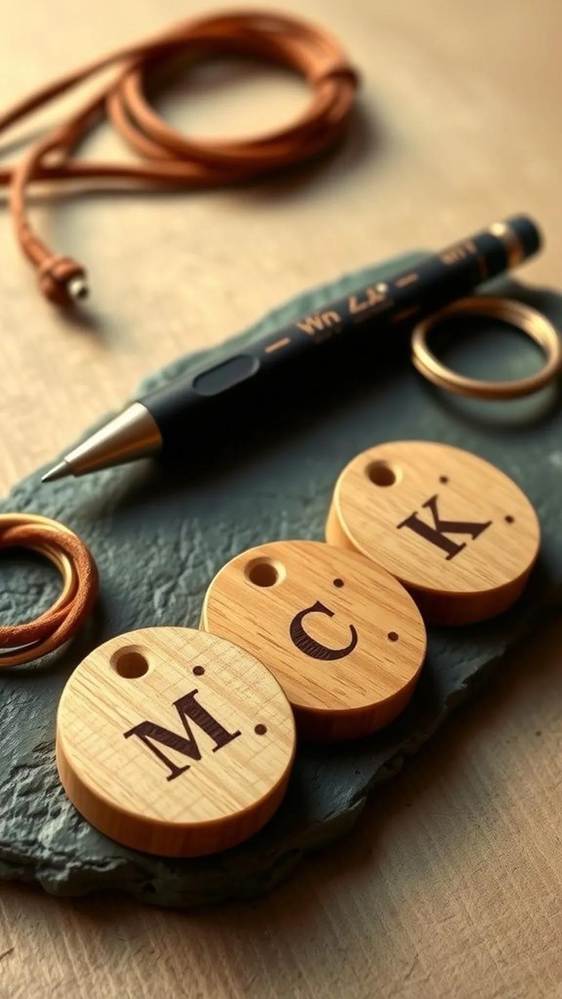 Mini wooden keychains with burned initials