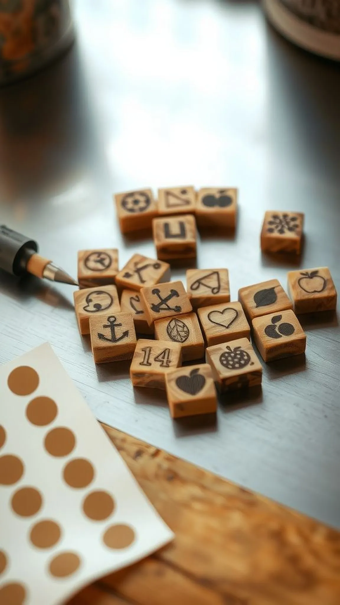 Rustic wooden magnet set with tiny burned icons