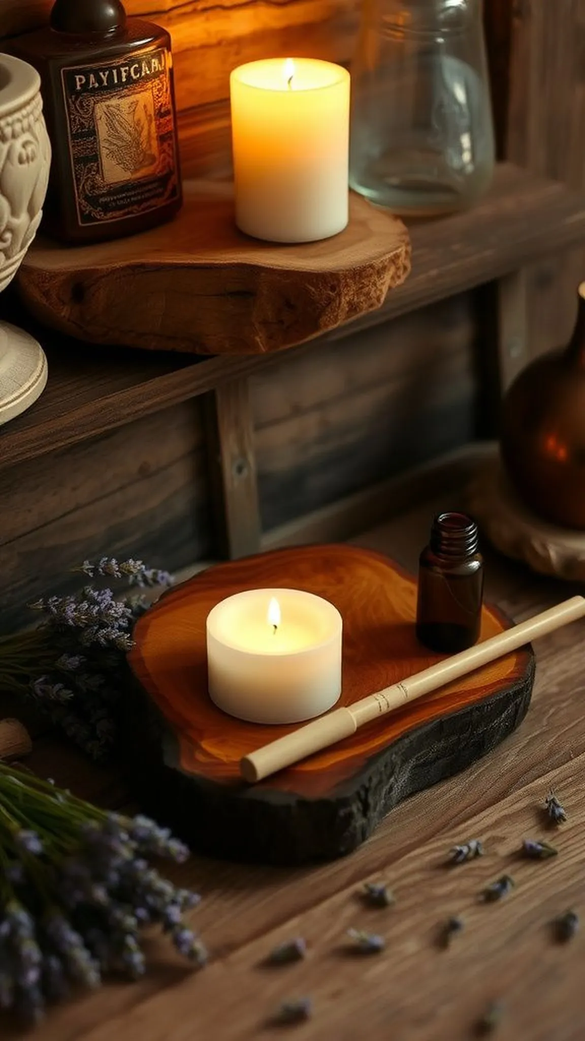 Simple wooden candle plate with burned rim accent
