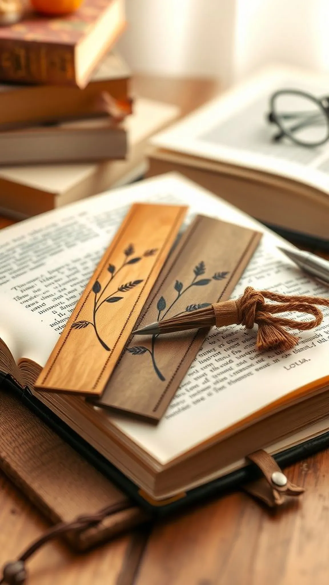 Slim rustic wooden bookmarks with burned motifs