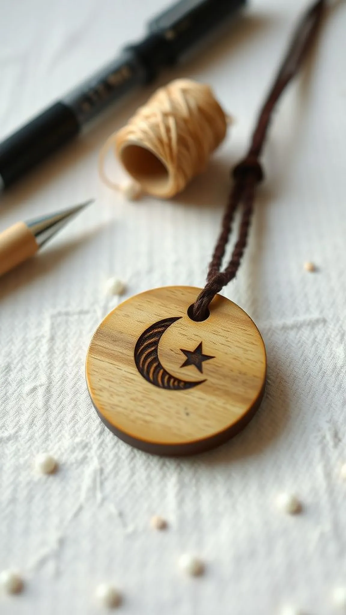 Wooden pendant necklace with burned pattern