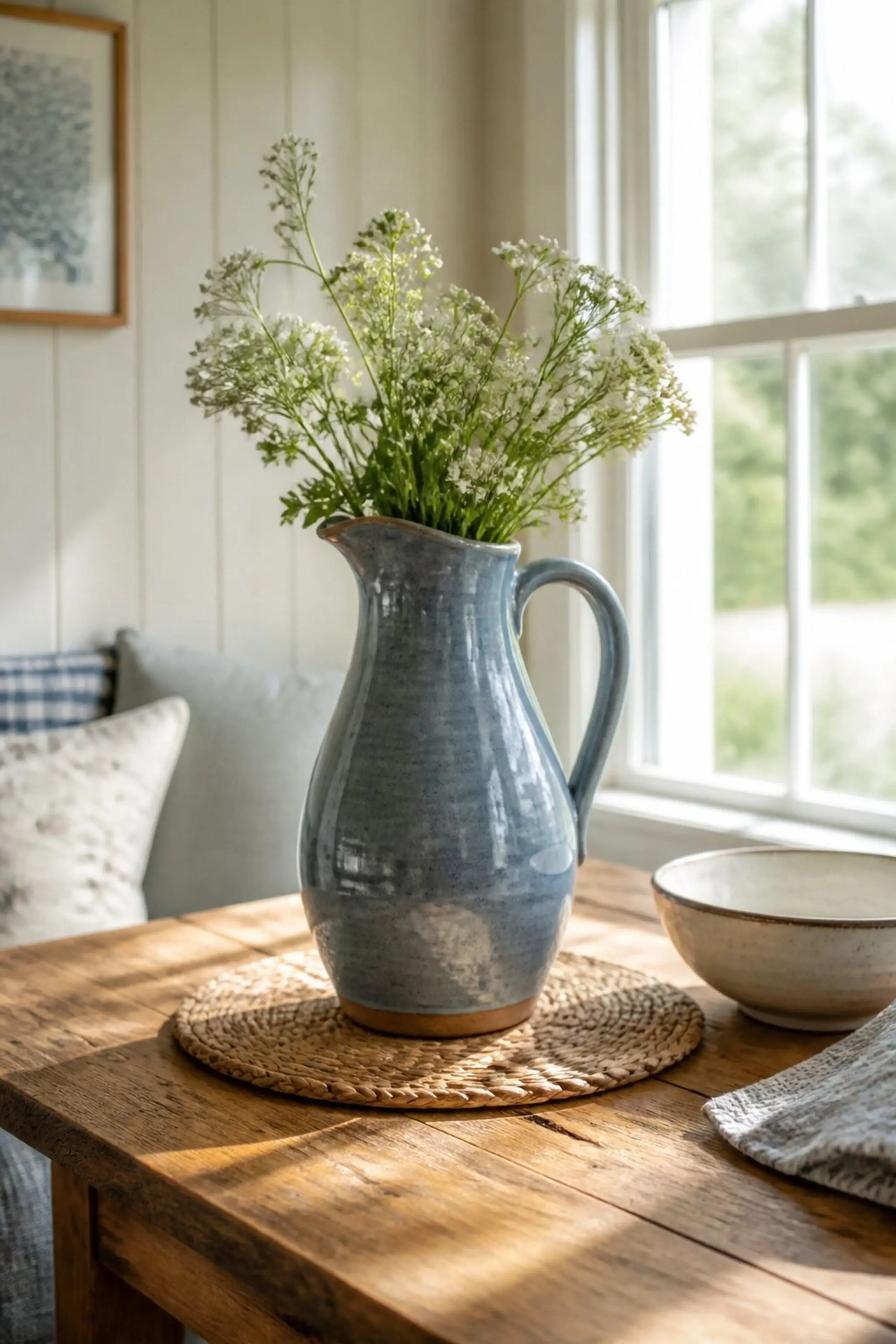A ceramic pitcher doubles as decor and utility item