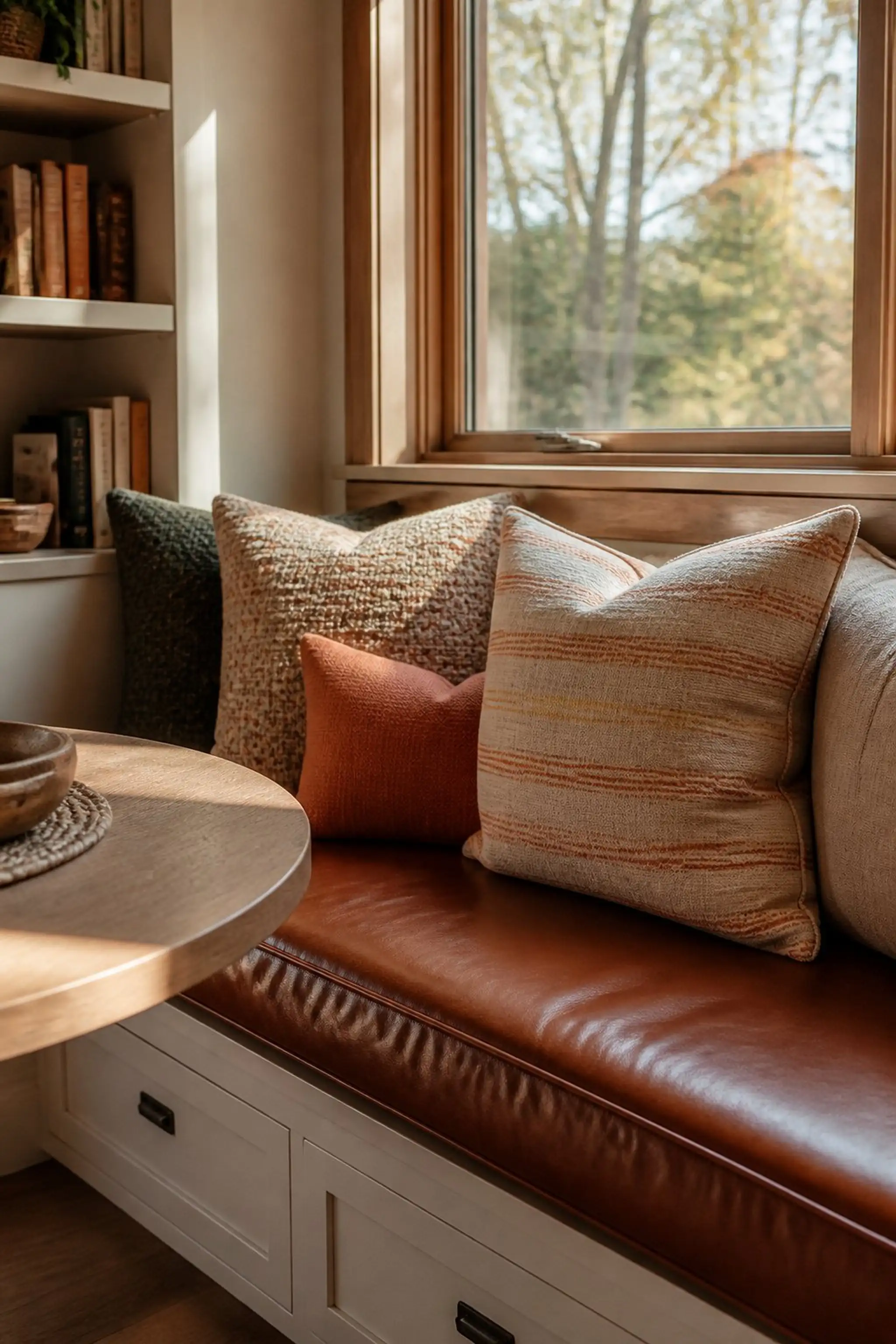 A leather cushion adds unexpected texture contrast