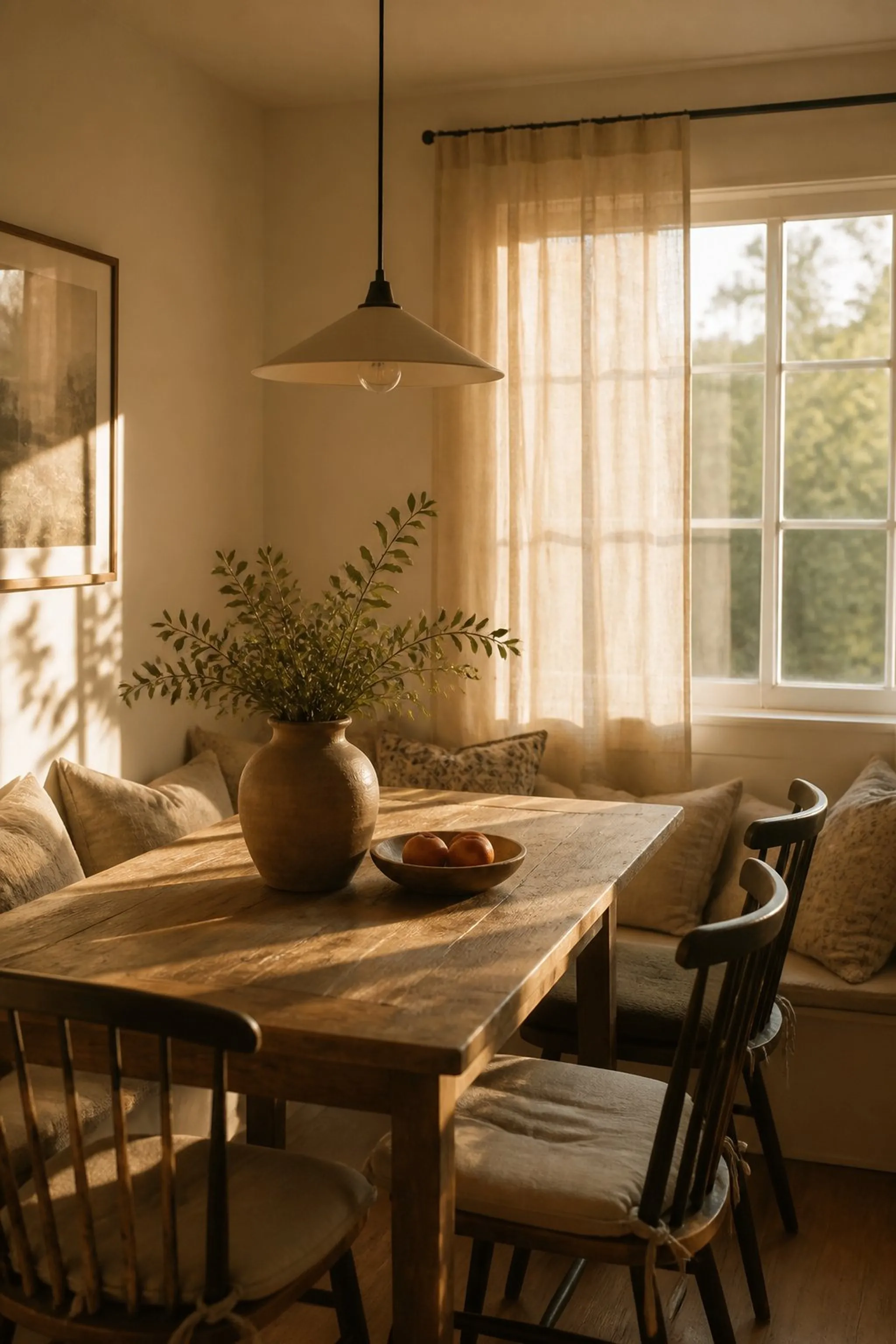 Neutral curtains soften window light gently