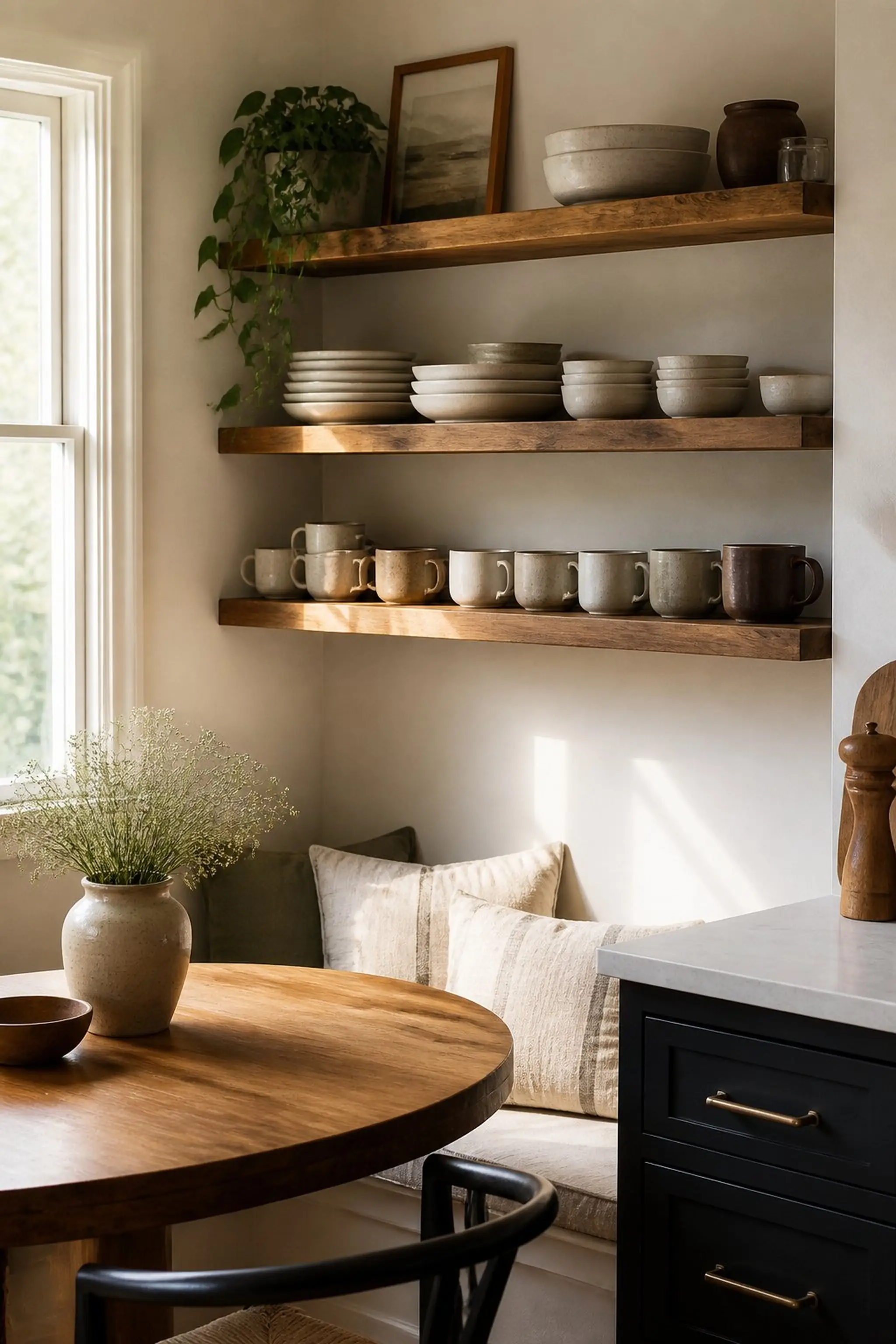 Open shelves display ceramics with everyday charm