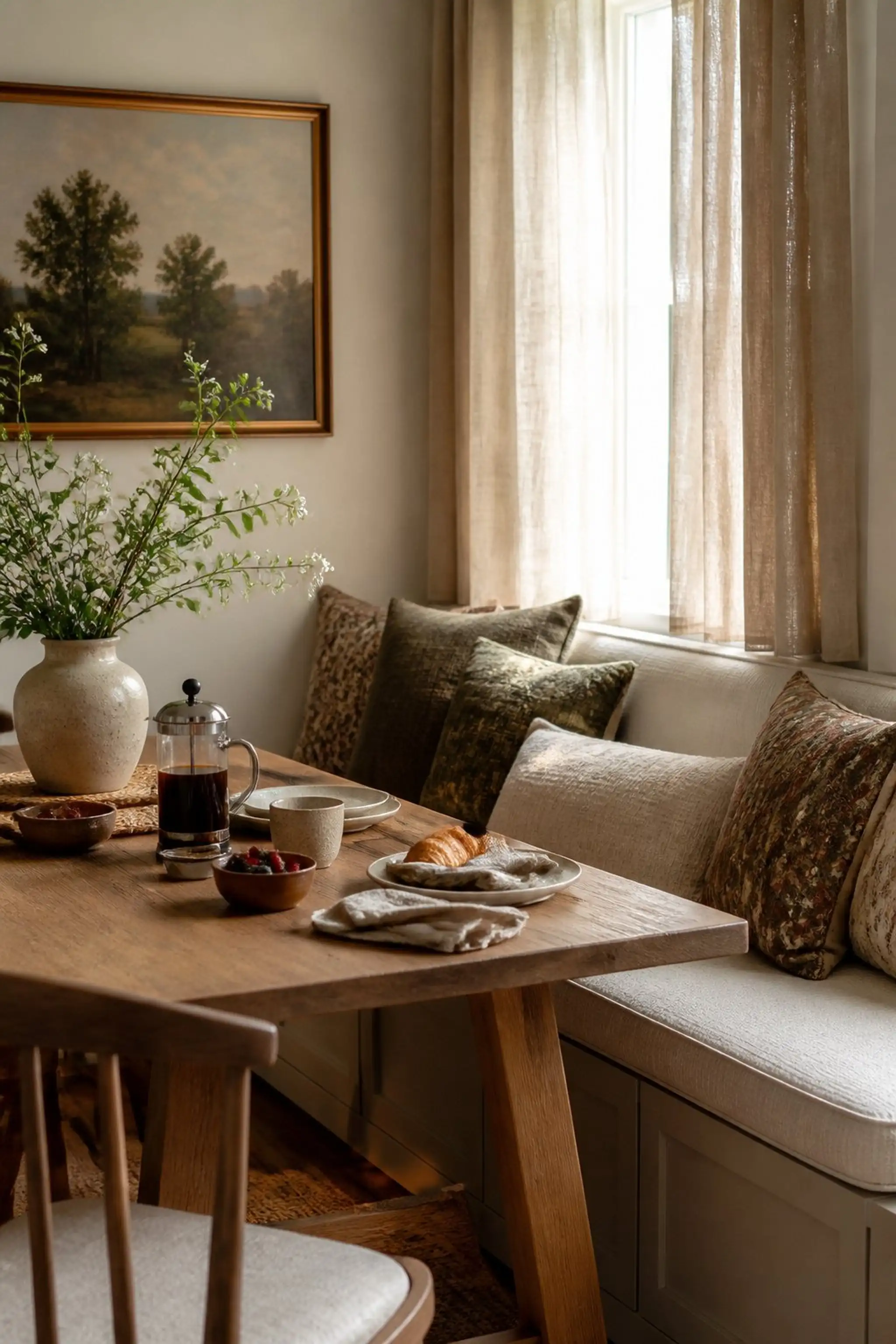 Warm woods mixed with soft textiles for tactile charm