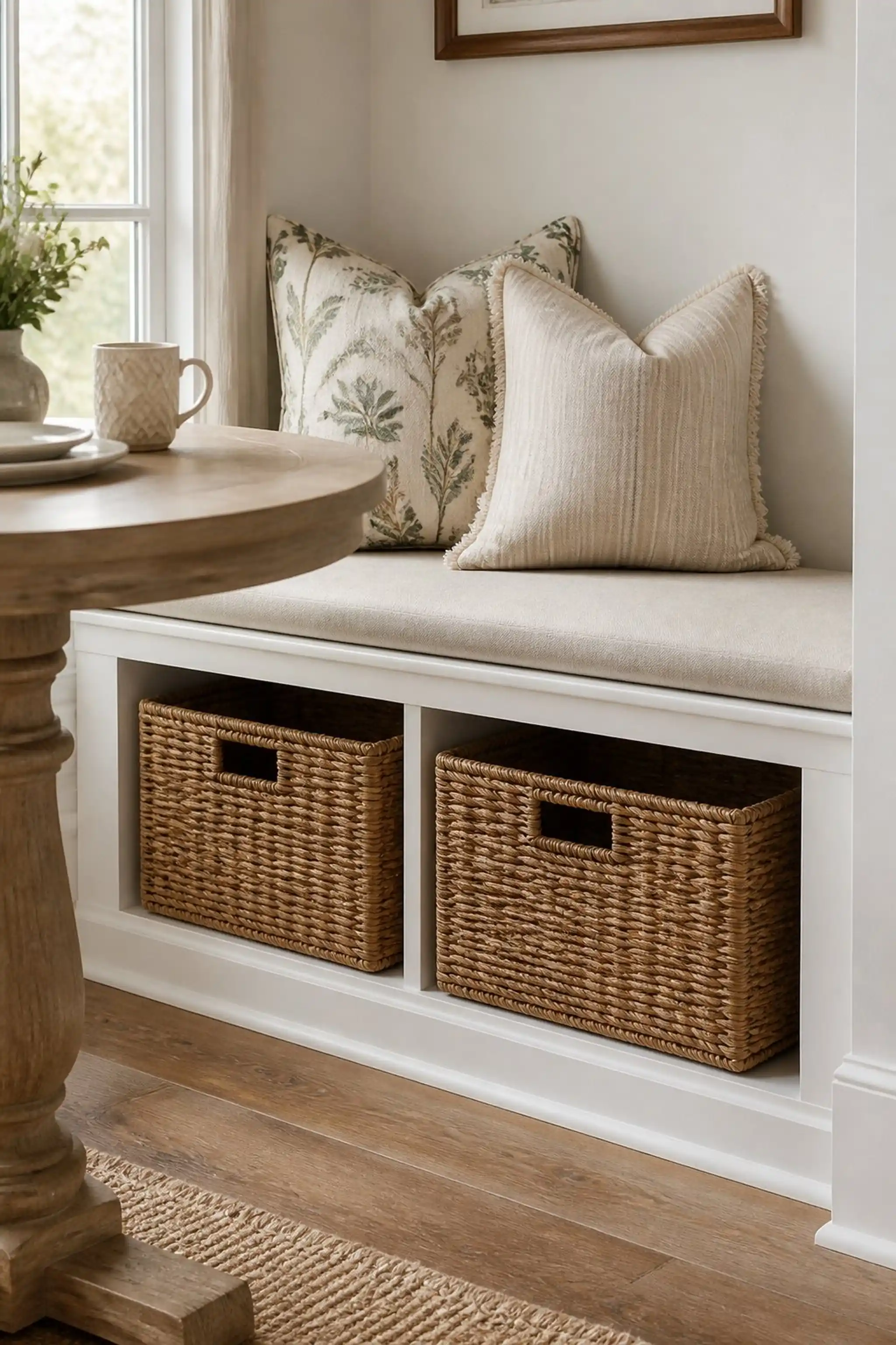 Woven rattan baskets add textural storage charm